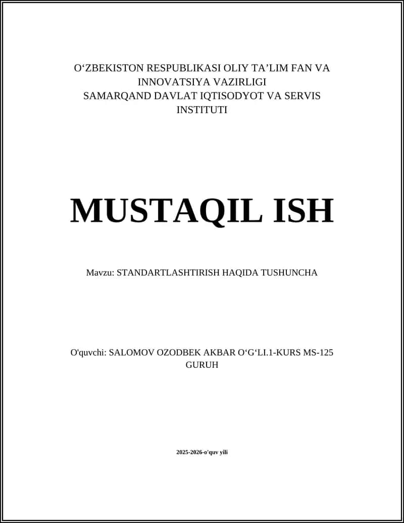 STANDARTLASHTIRISH HAQIDA TUSHUNCHA