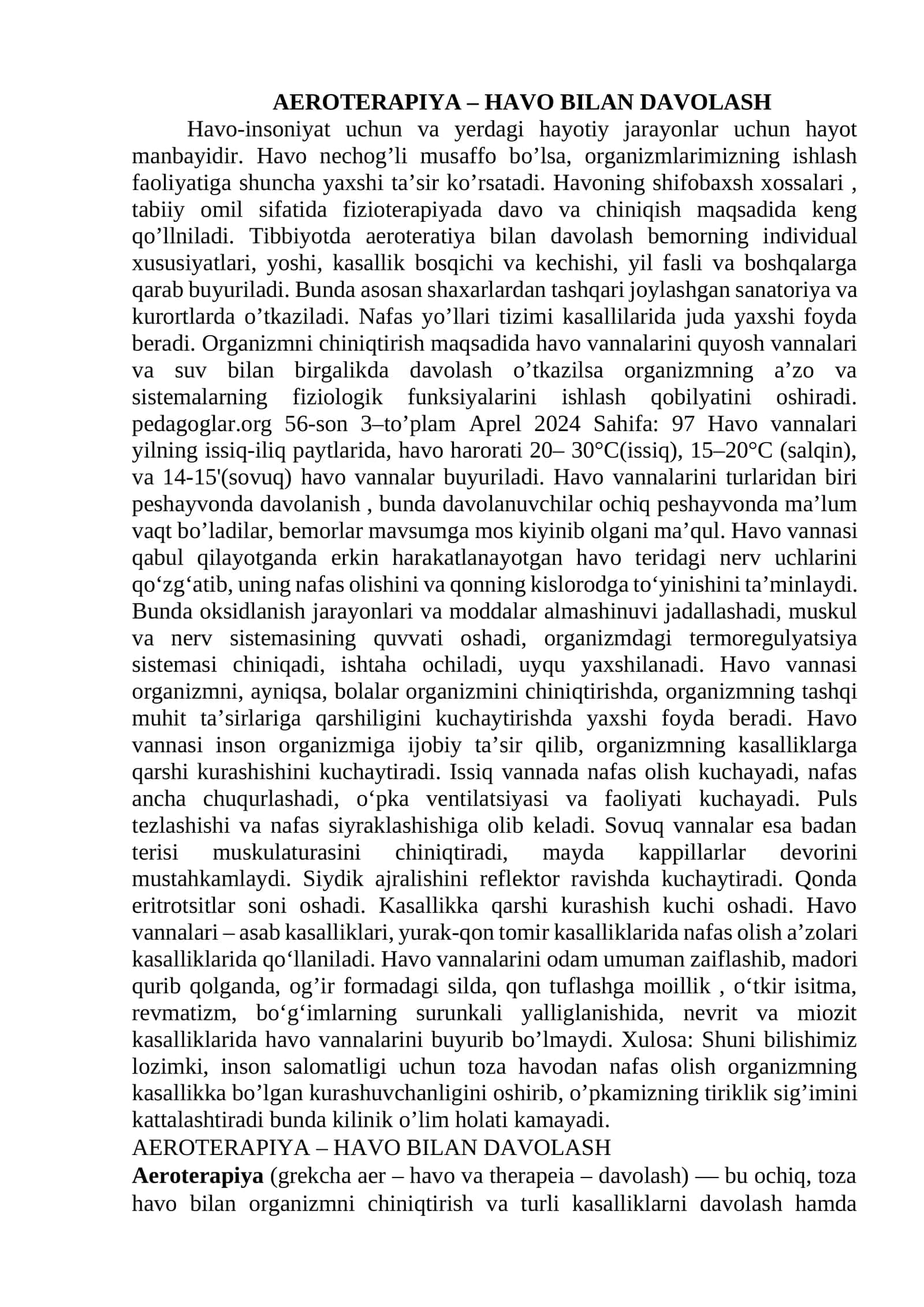 AEROTERAPIYA – HAVO BILAN DAVOLASH