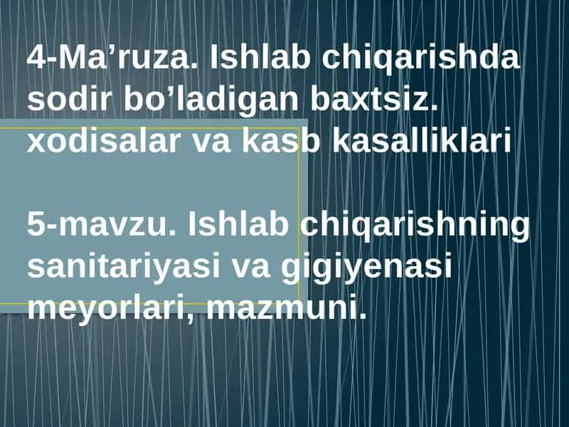 Ishlab chiqarishning sanitariyasi va gigiyenasi meyorlari