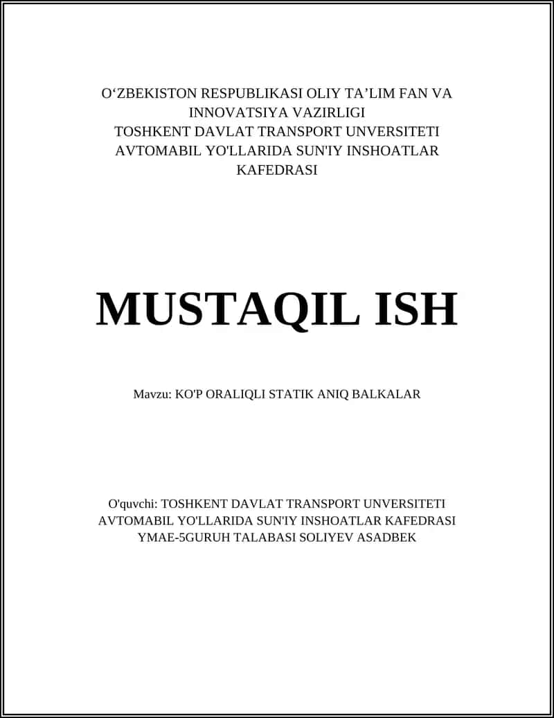 Ko'p oraliqli statik aniq balkalar