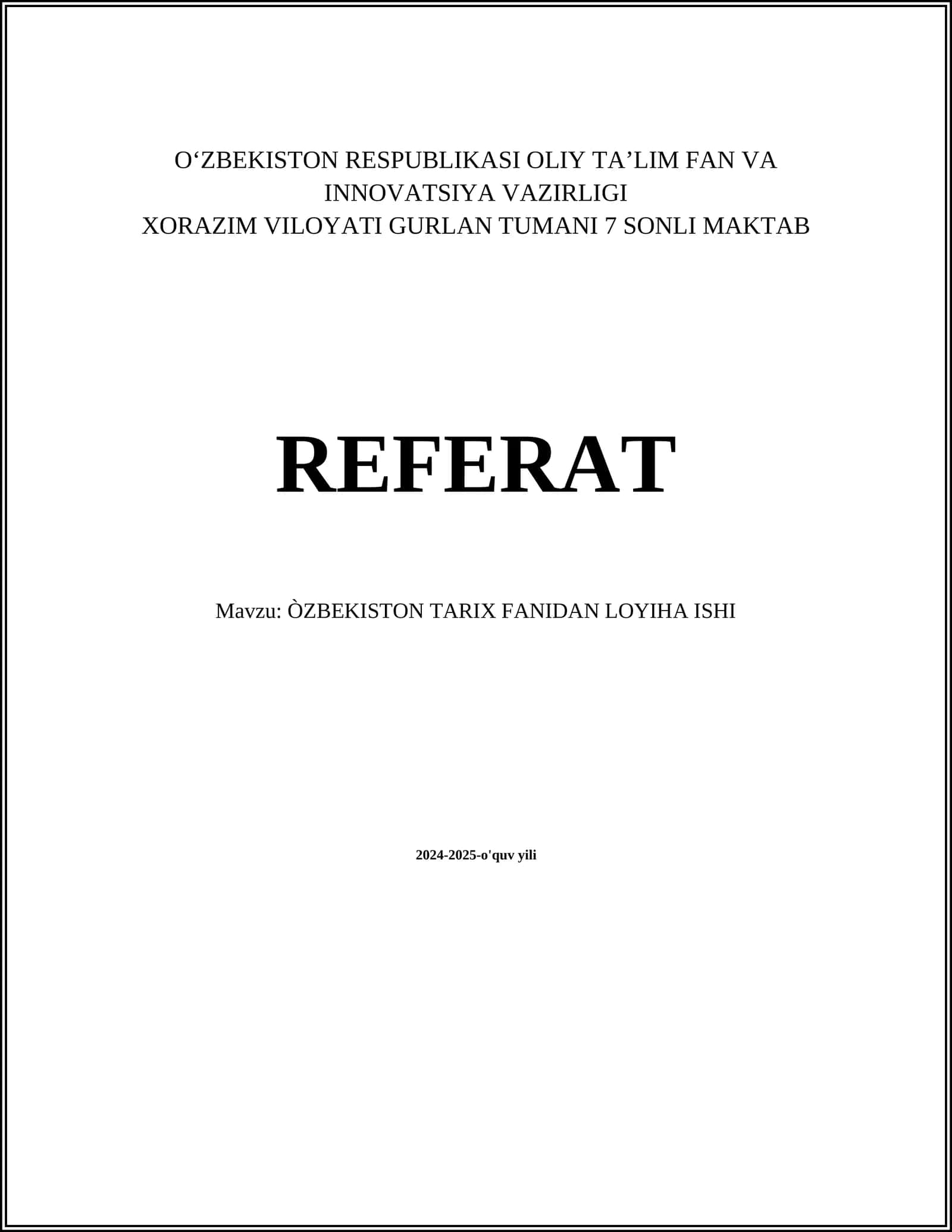 ÒZBEKISTON TARIX FANIDAN LOYIHA ISHI