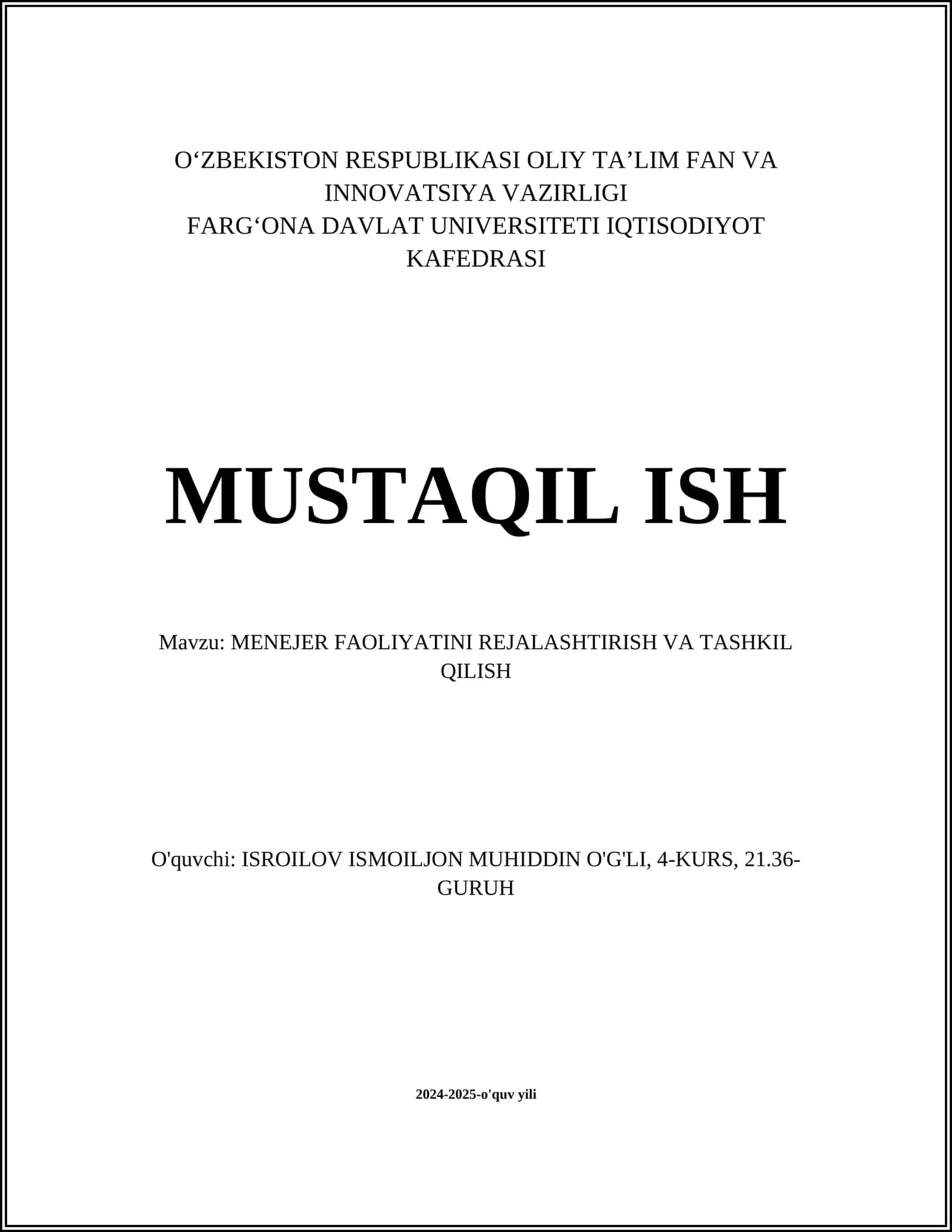 MENEJER FAOLIYATINI REJALASHTIRISH VA TASHKIL QILISH