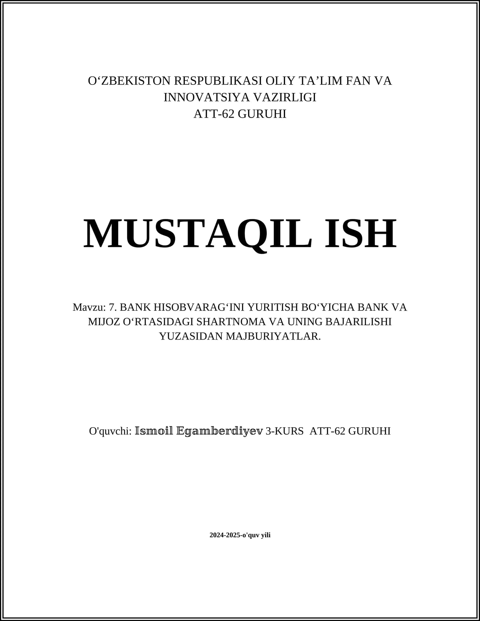 Bank hisobvarag‘ini yuritish shartnomasi