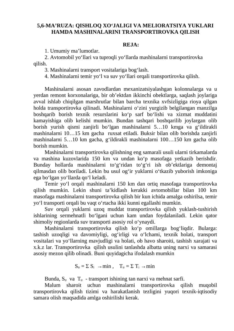 Mashinalarni transportirovka qilish