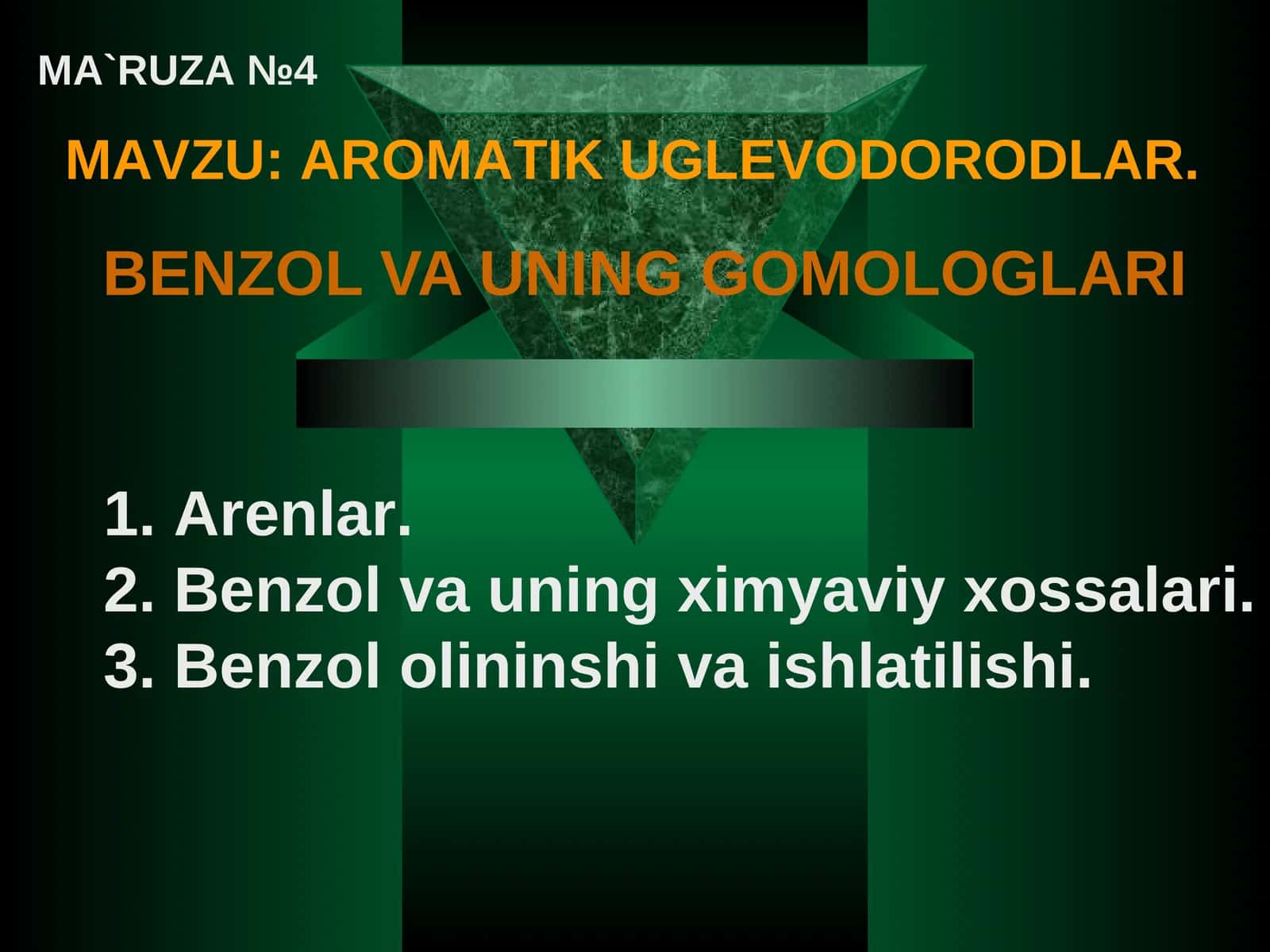 MAVZU: AROMATIK UGLEVODORODLAR BENZOL VA UNING GOMOLOGLARI