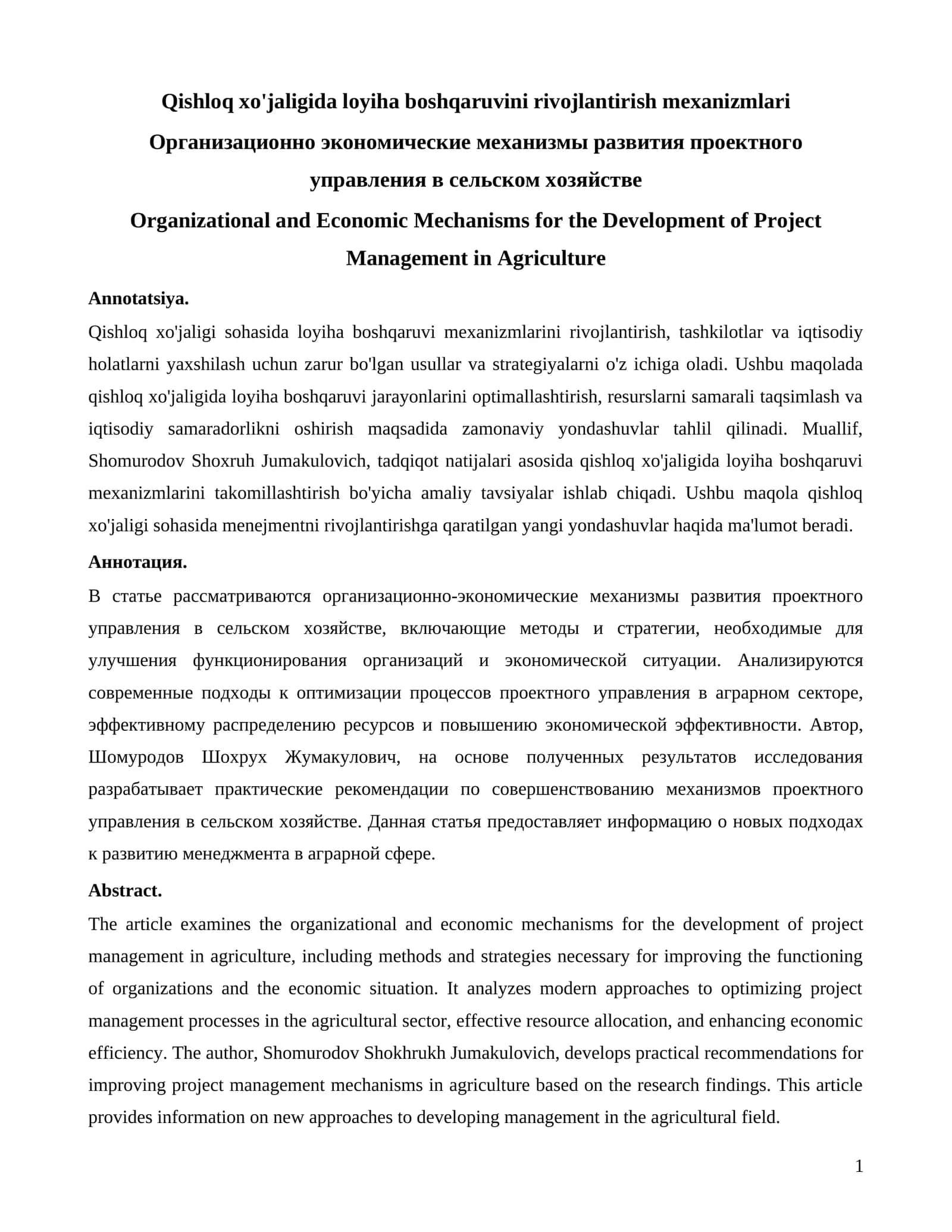 Qishloq xo'jaligida loyiha boshqaruvini rivojlantirish mexanizmlari
