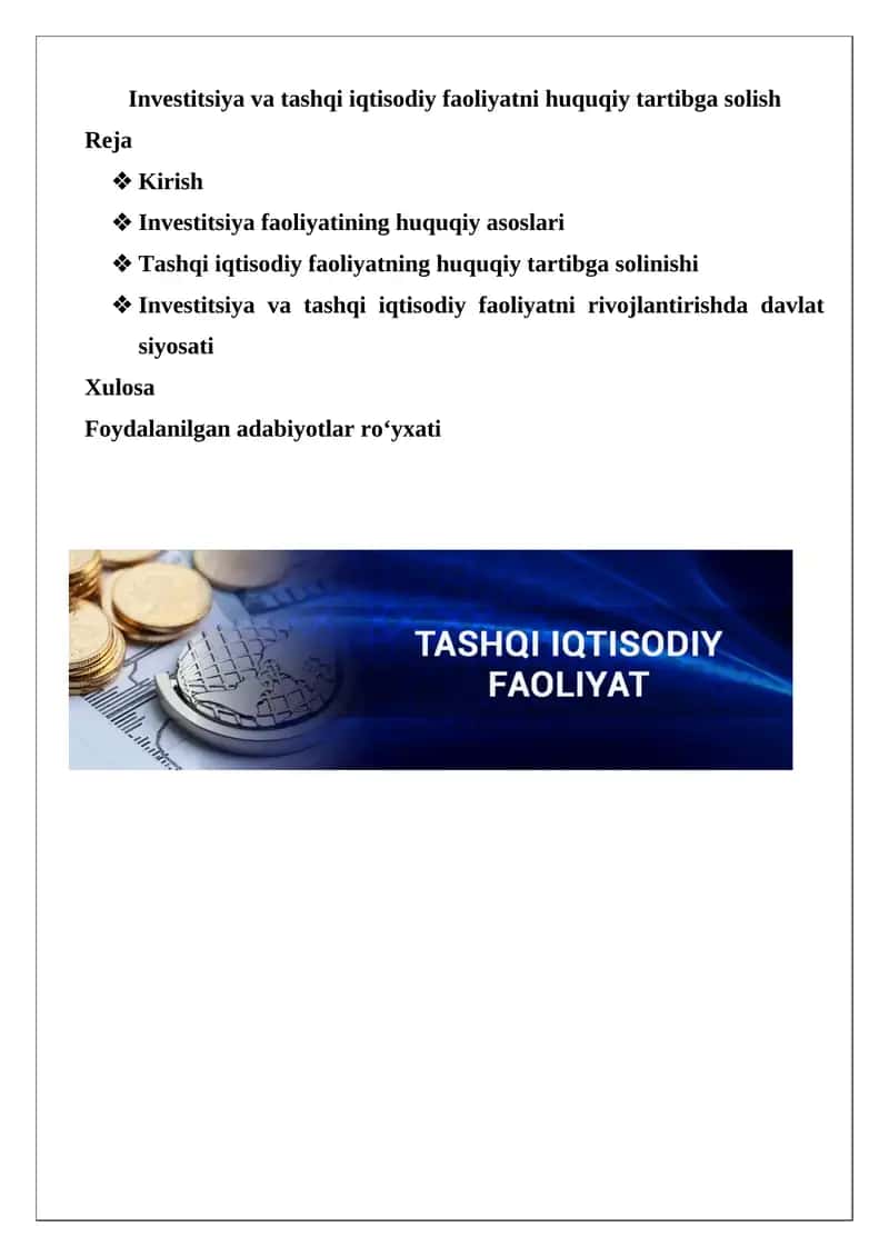 Investitsiya va tashqi iqtisodiy faoliyatni huquqiy tartibga solish