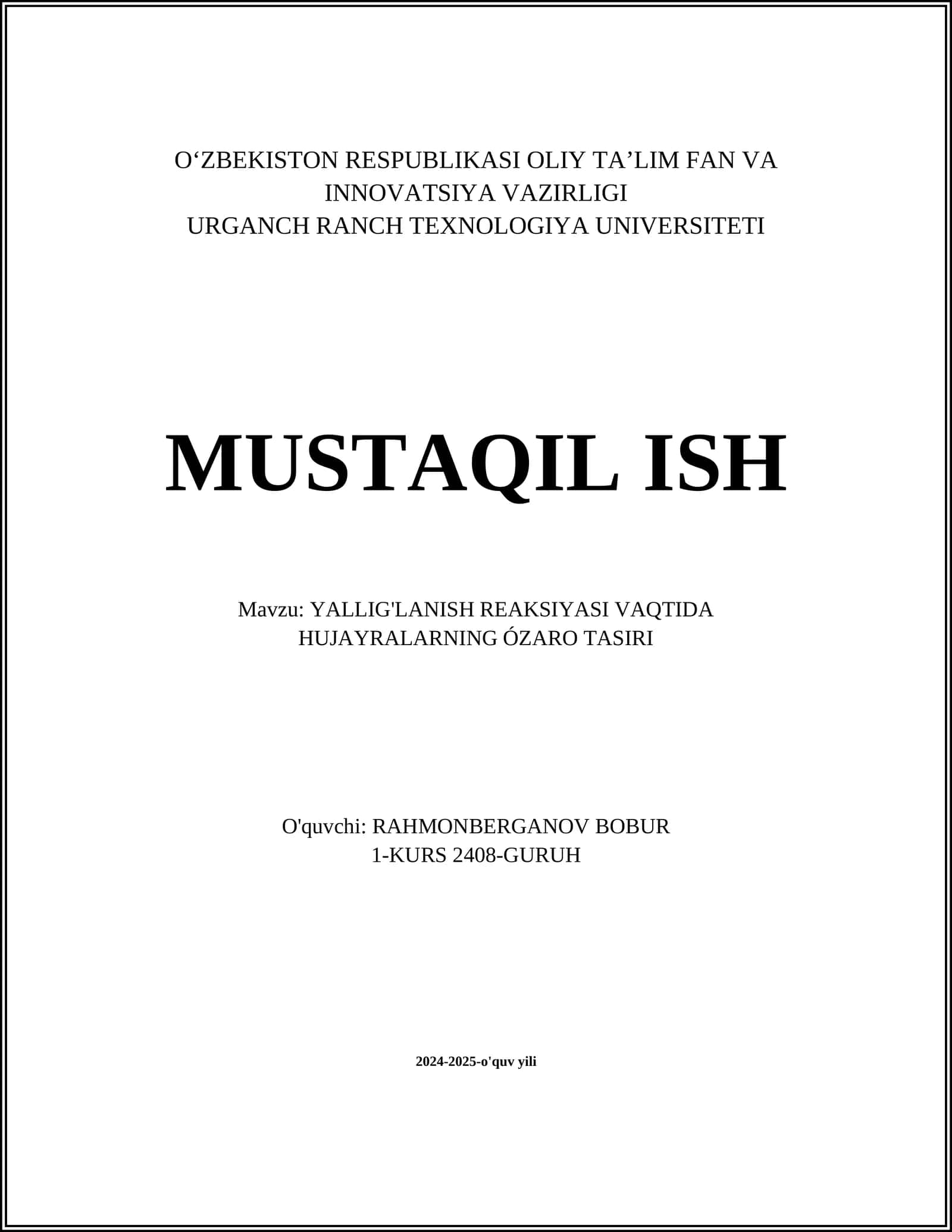 YALLIG'LANISH REAKSIYASI VAQTIDA HUJAYRALARNING ÓZARO TASIRI