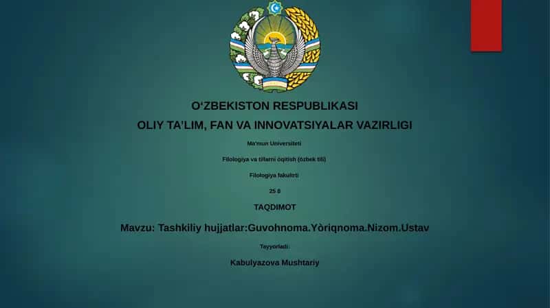 Tashkiliy hujjatlar: Guvohnoma, Yòriqnoma, Nizom, Ustav