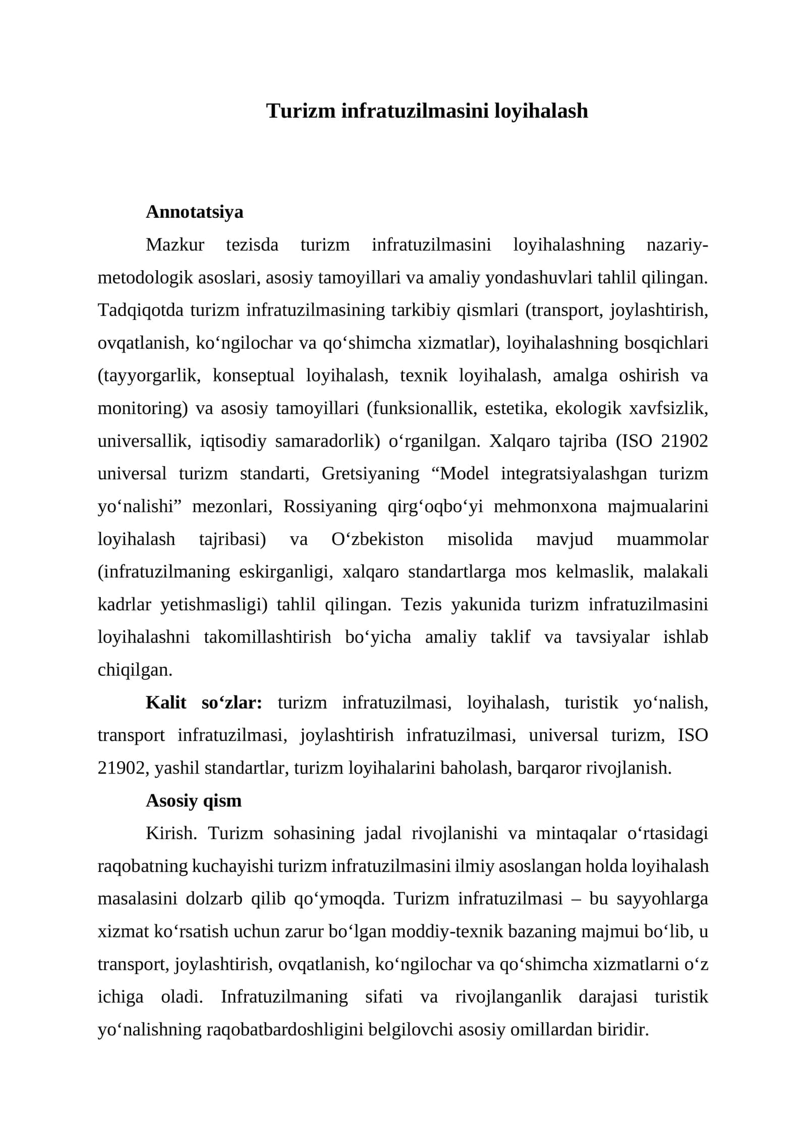 Turizm infratuzilmasini loyihalash