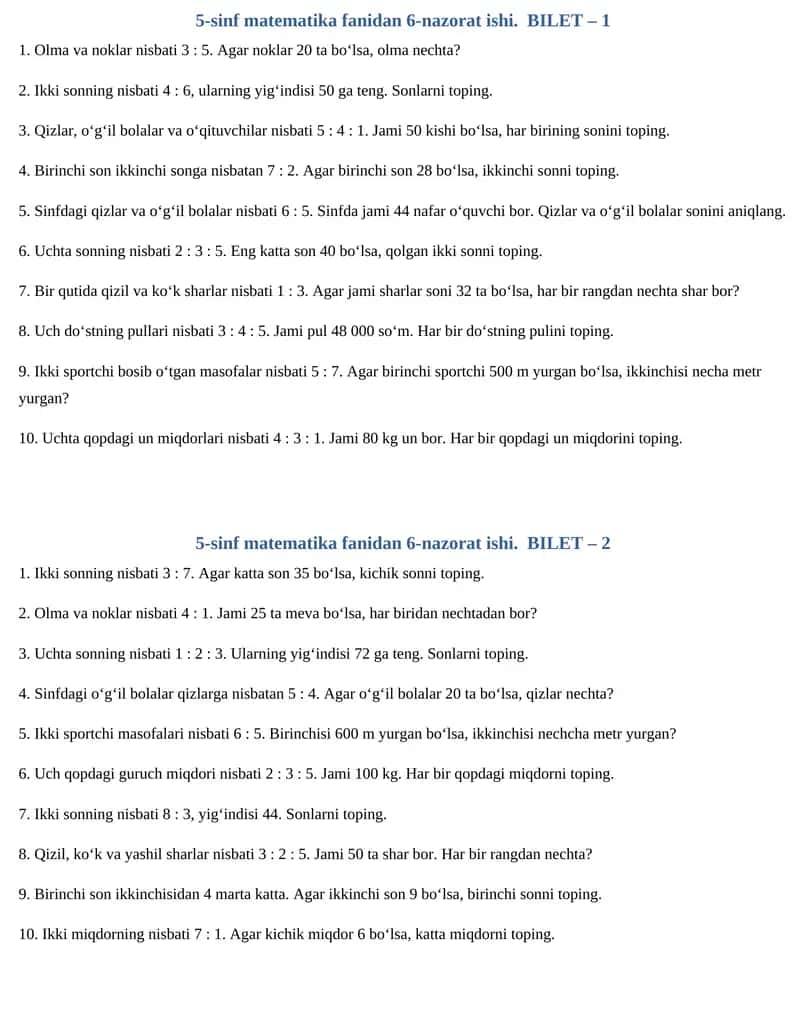5-sinf matematika fanidan 6-nazorat ishi. BILET – 1