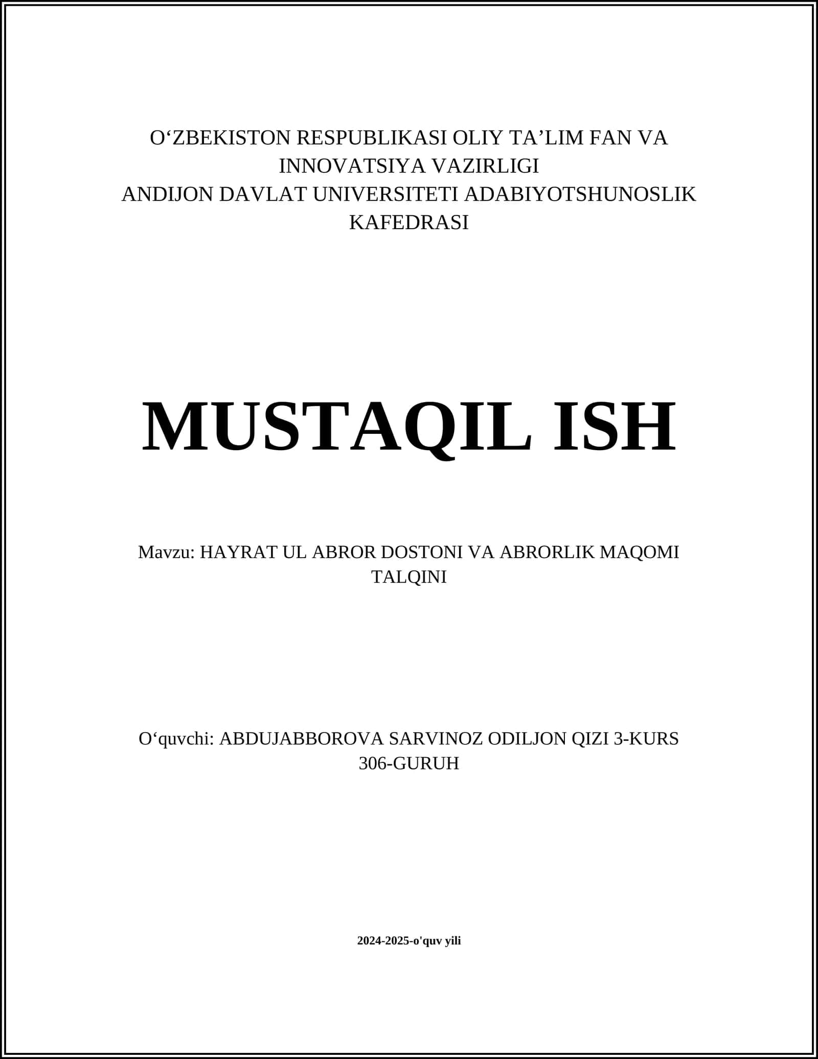 HAYRAT UL ABROR DOSTONI VA ABRORLIK MAQOMI TALQINI