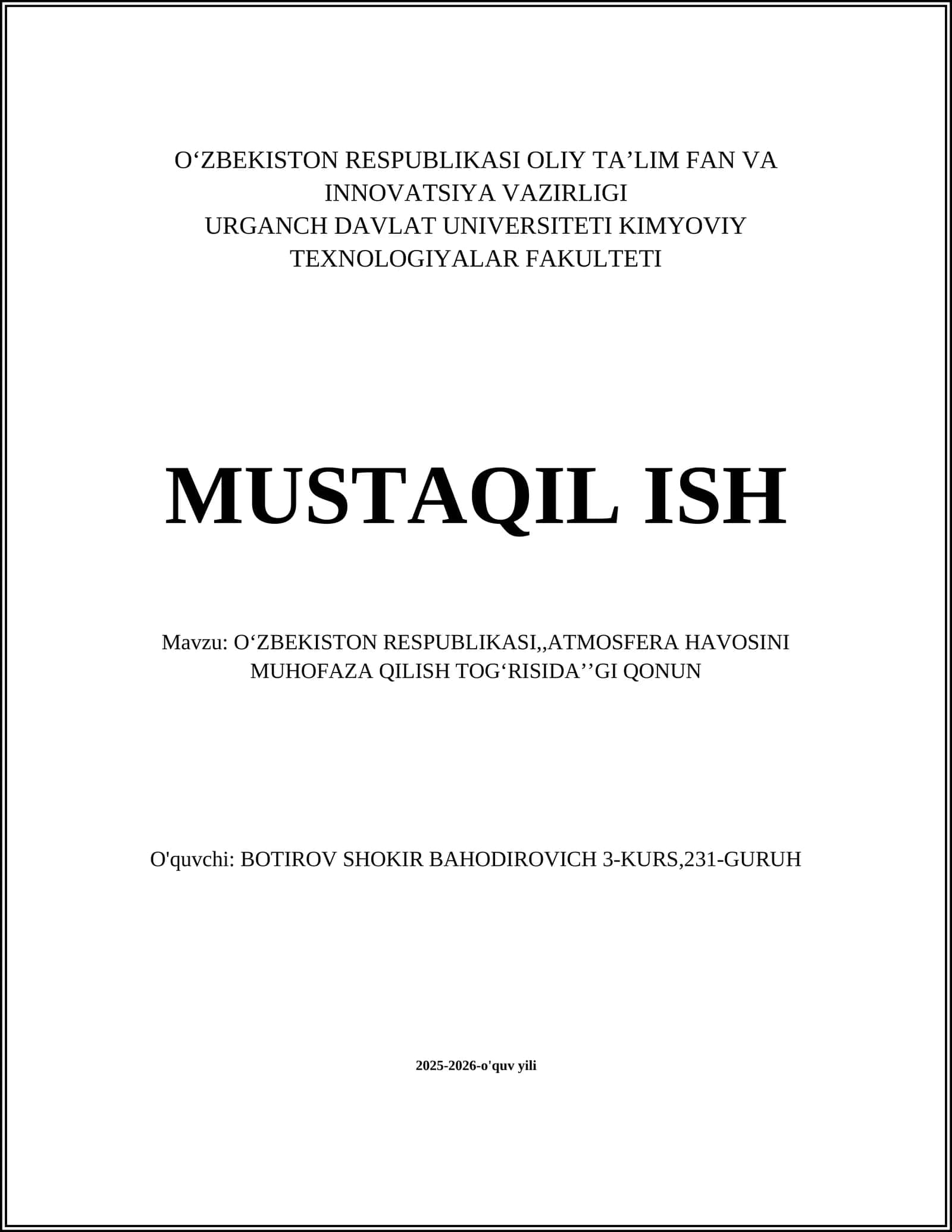 Oʻzbekiston Respublikasi, ATMOSFERA HAVOSINI MUHOFAZA QILISH TOGʻRISIDAʼʼGI QONUN
