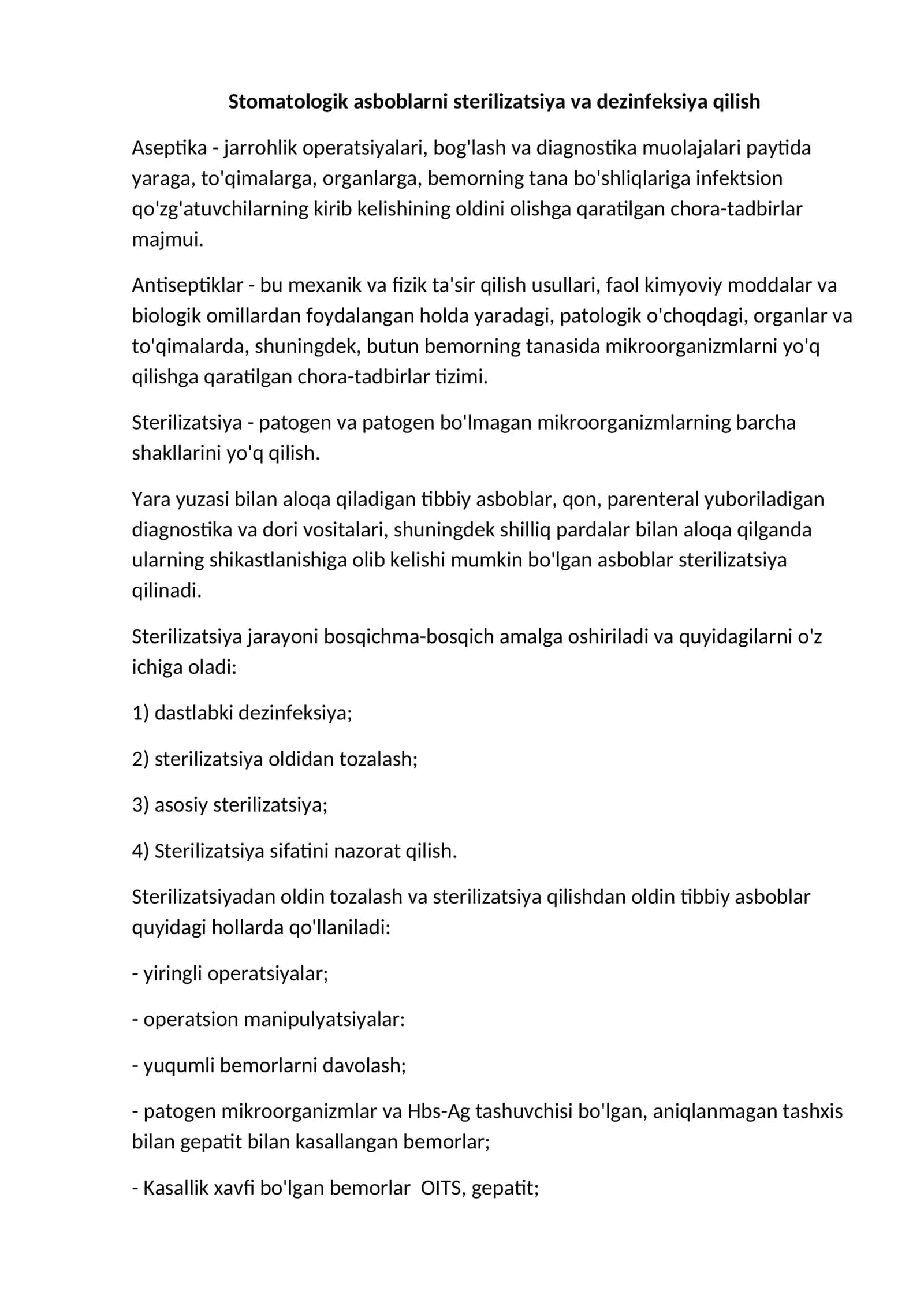Stomatologik asboblarni sterilizatsiya va dezinfeksiya qilish