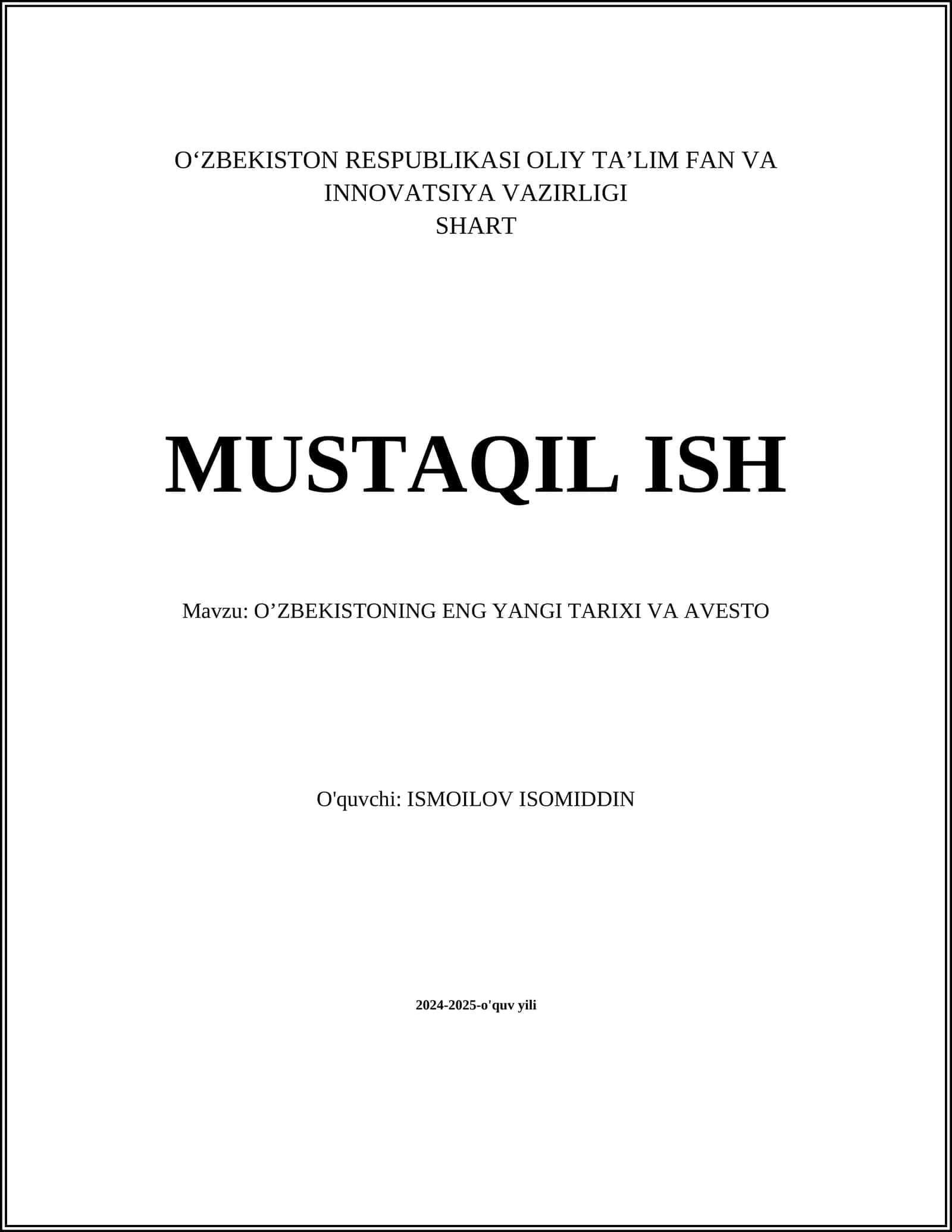 O‘ZBEKISTONNING ENG YANGI TARIXI VA AVESTO