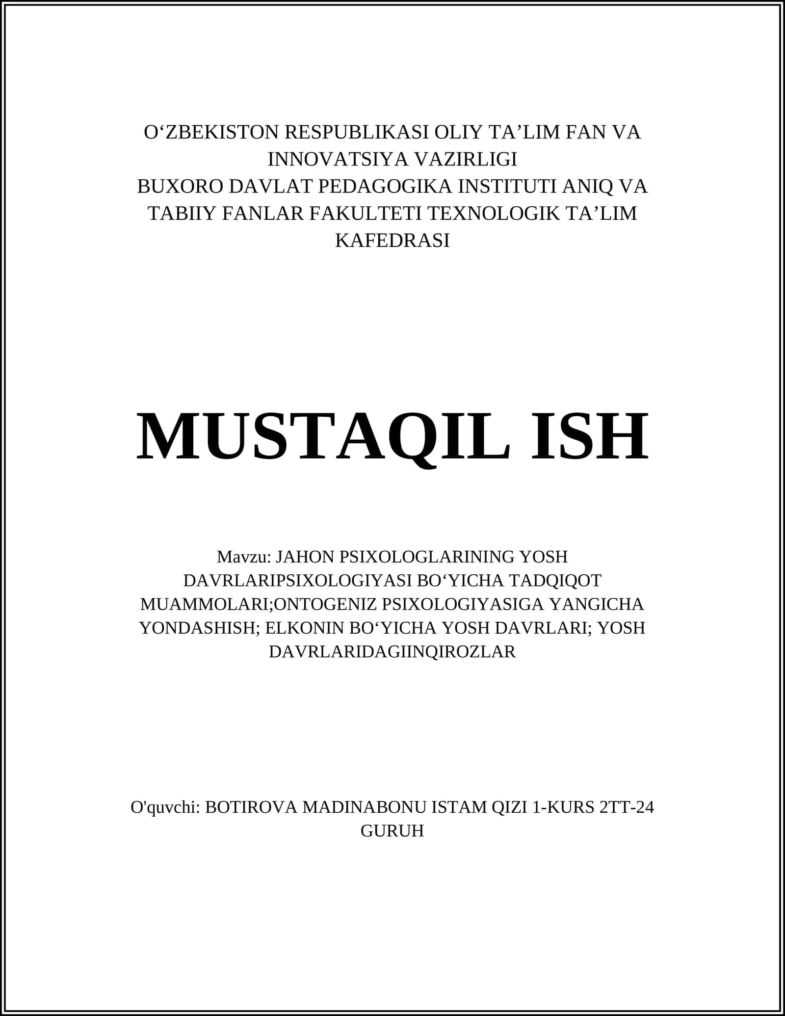 JAHON PSIXOLOGLARINING YOSH DAVRLARIPSIXOLOGIYASI BO‘YICHA TADQIQOT MUAMMOLARI
