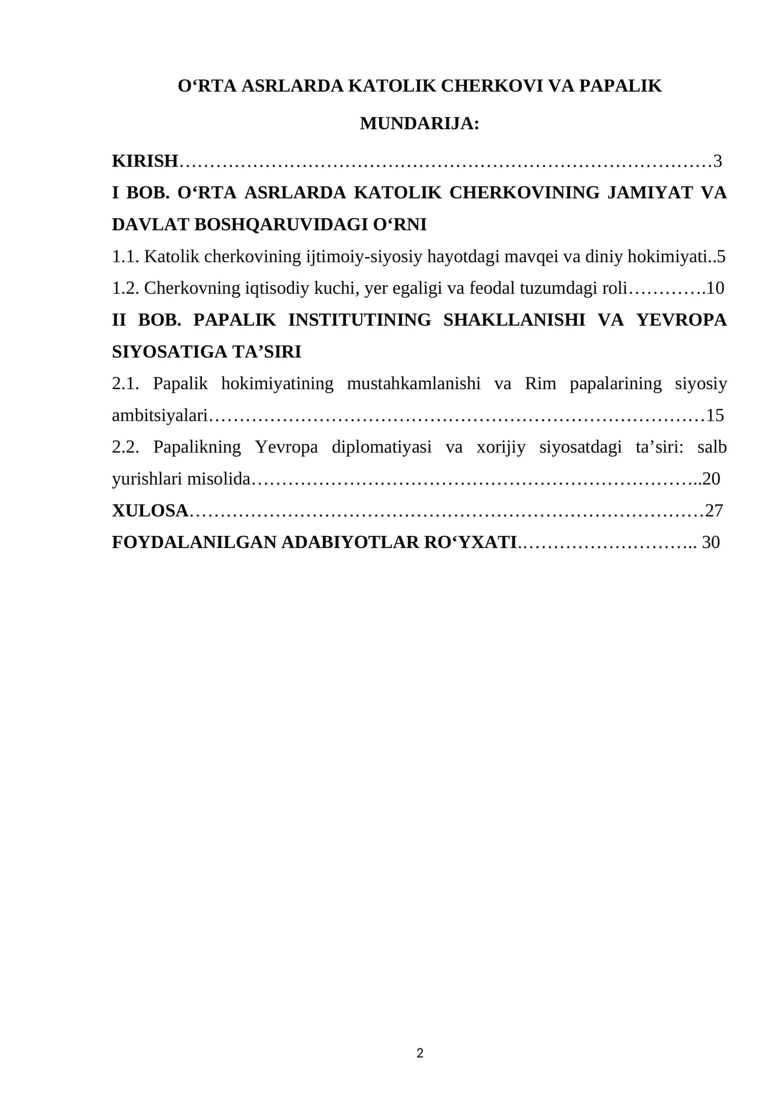 O‘RTA ASRLARDA KATOLIK CHERKOVI VA PAPALIK