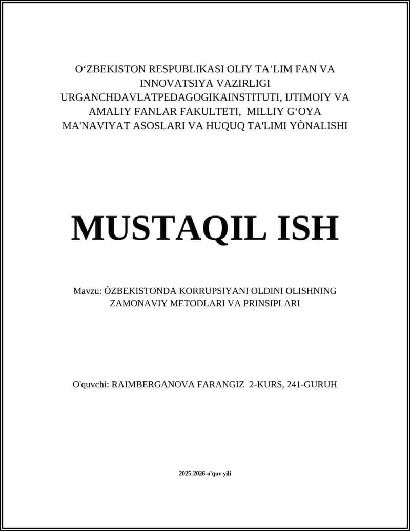 Korrupsiyani Oldini Olishning Zamonaviy Metodlari va Prinsiplari