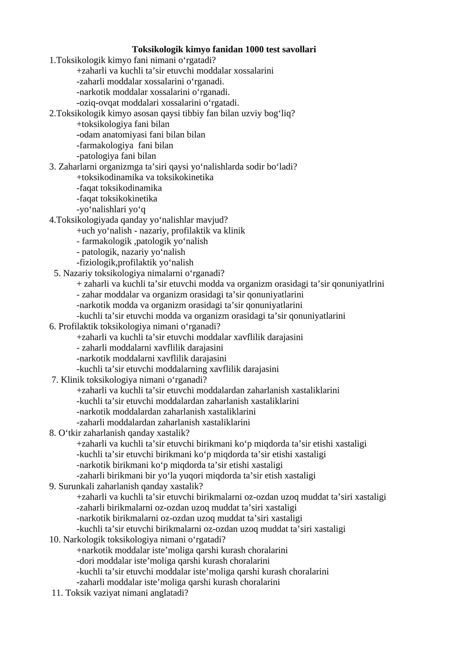 Тоksikologik kimyo fаnidаn 1000 tеst sаvоllаri
