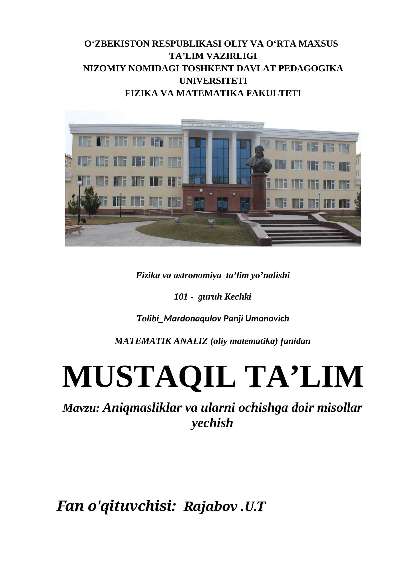 Aniqmasliklar va ularni ochishga doir misollar yechish