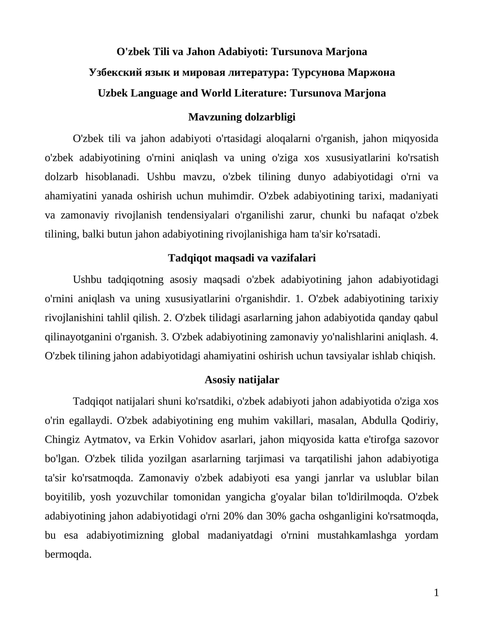 O'zbek Tili va Jahon Adabiyoti