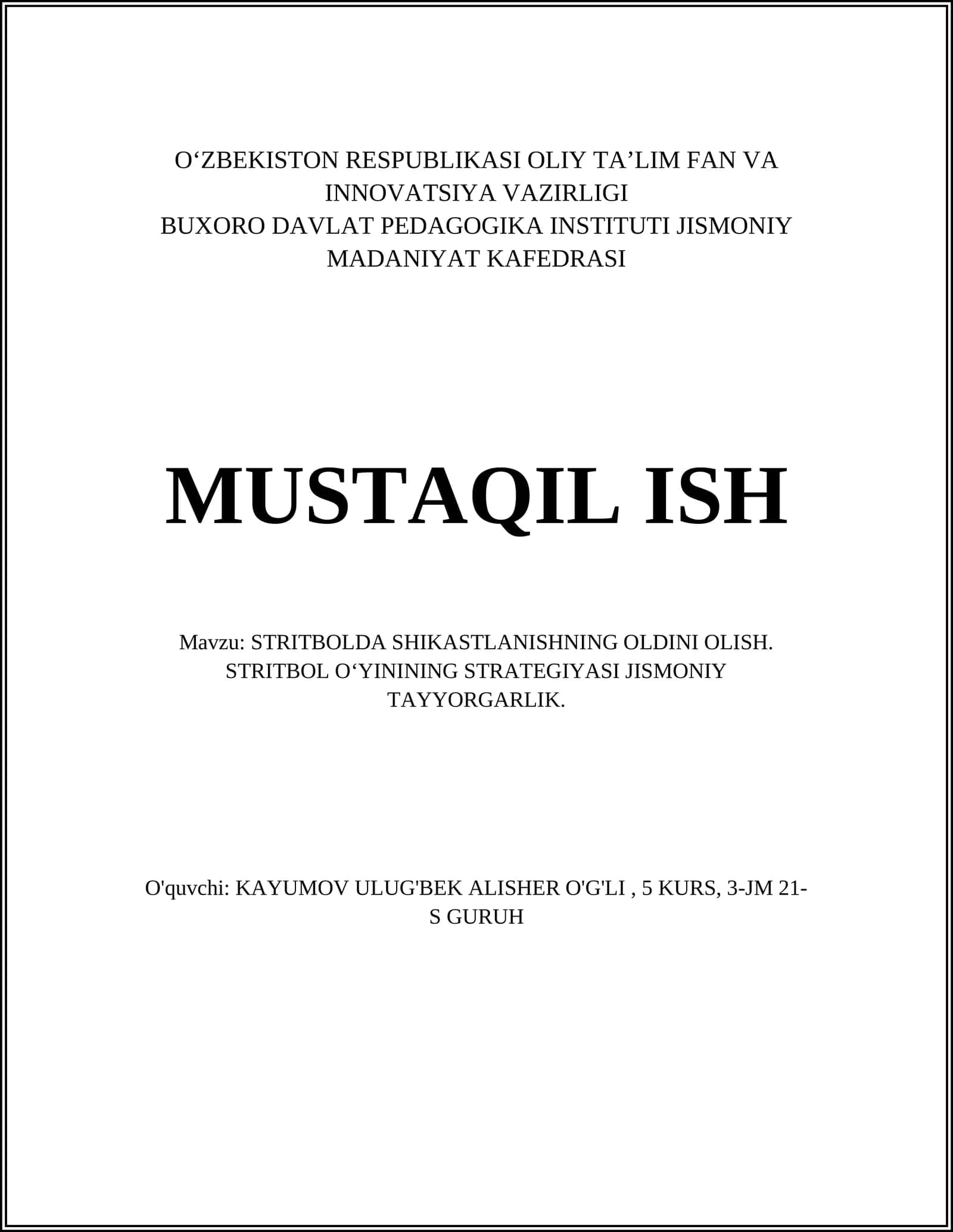 STRITBOLDA SHIKASTLANISHNING OLDINI OLISH. STRITBOL O‘YININING STRATEGIYASI JISMONIY TAYYORGARLIK