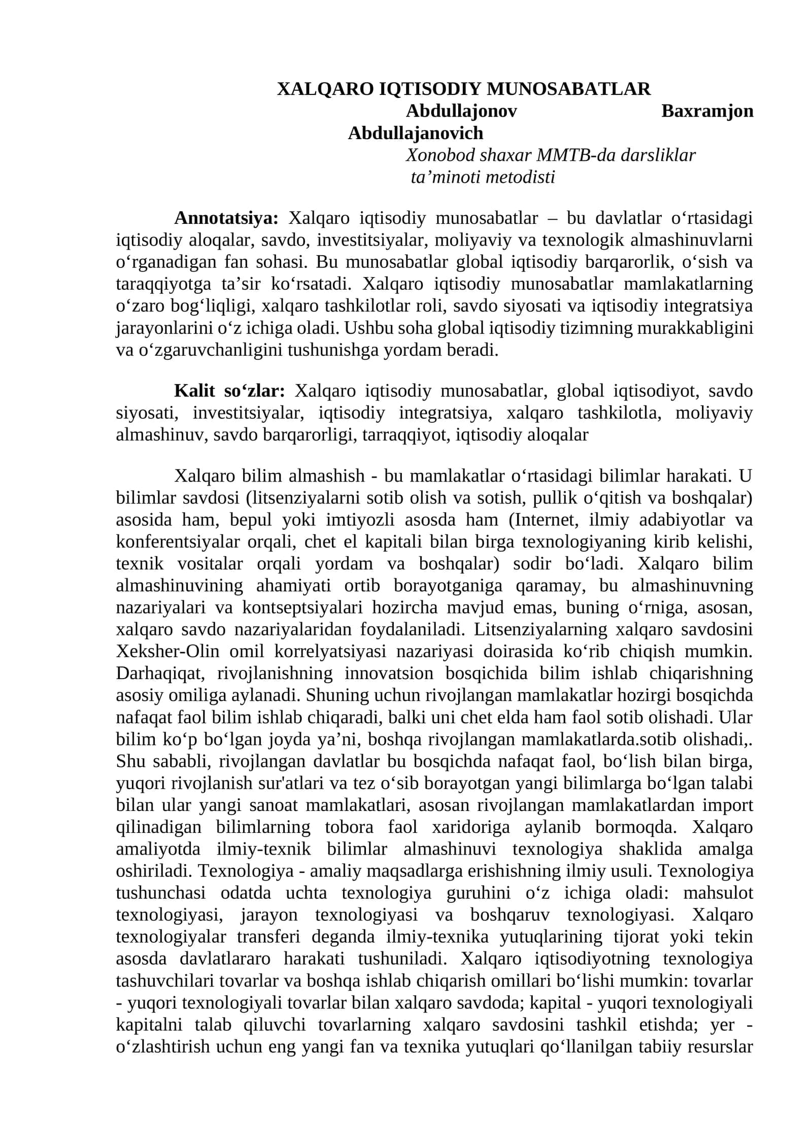 Xalqaro IQTISODIY MUNOSABATLAR