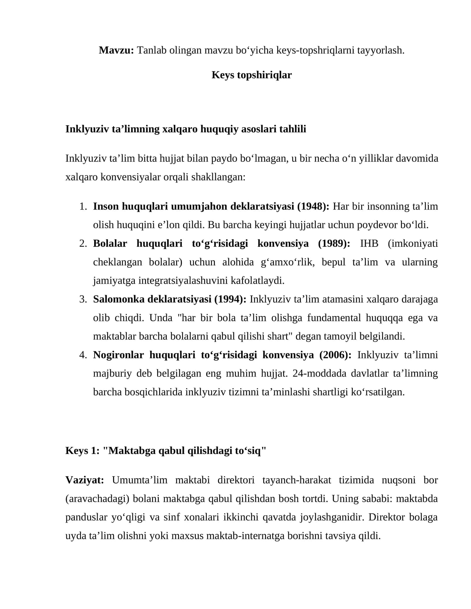 Inklyuziv ta’limning xalqaro huquqiy asoslari