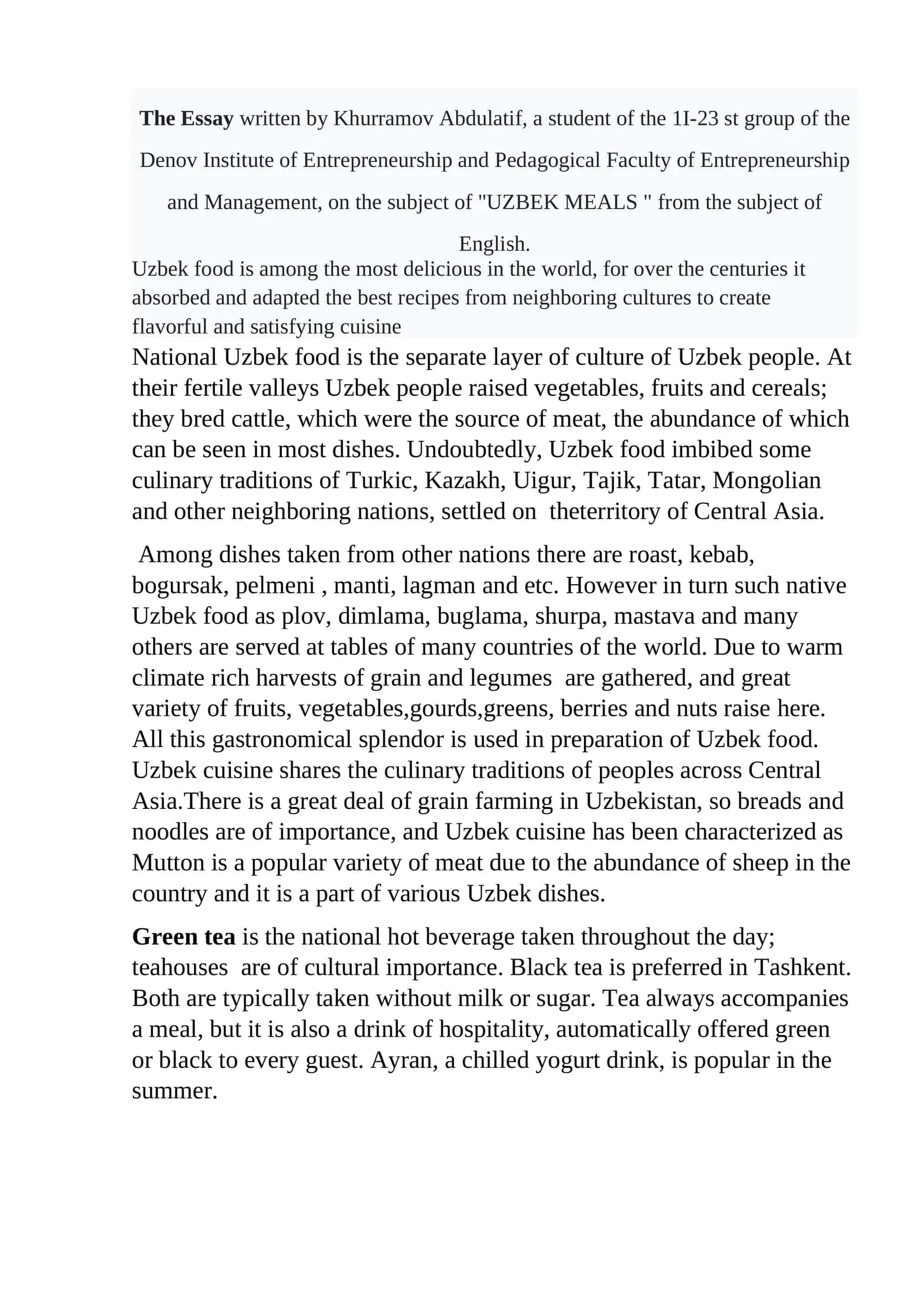 The Essay Uzbek Meals
