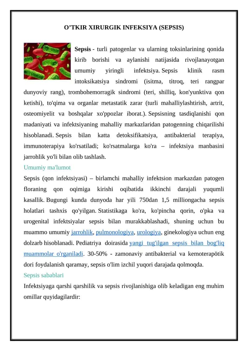 O’TKIR XIRURGIK INFEKSIYA (SEPSIS)