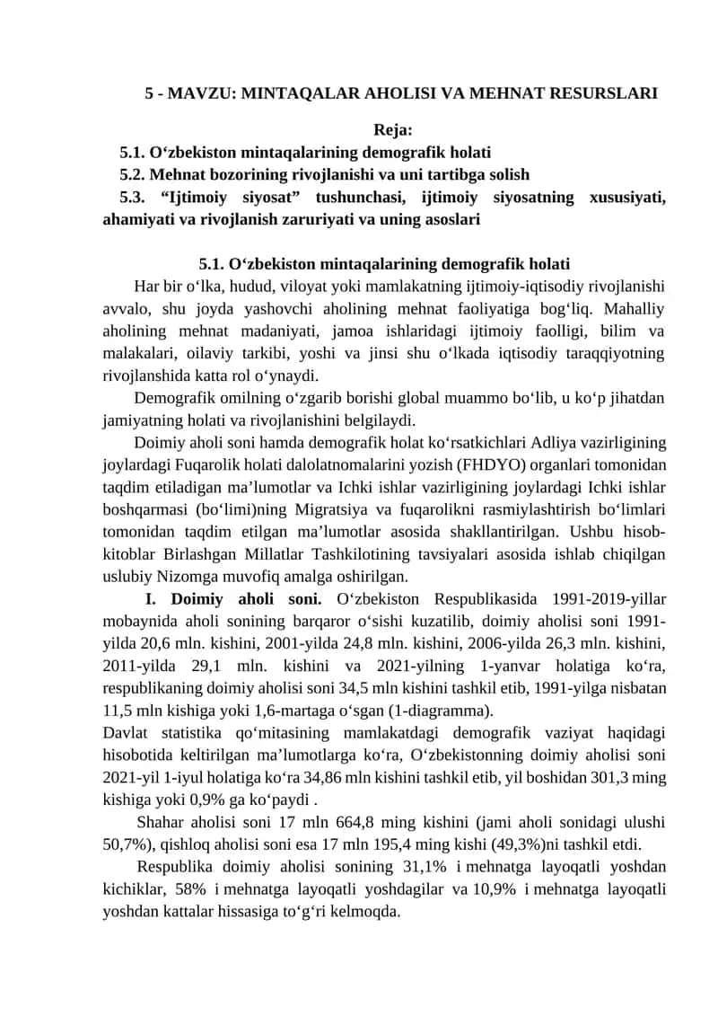 MINTAQALAR AHOLISI VA MEHNAT RESURSLARI