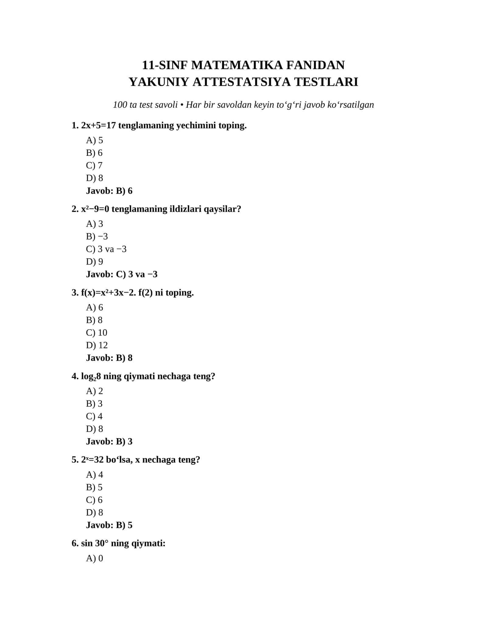 11-sinf bo'yicha matematika attatsatsiya testlari