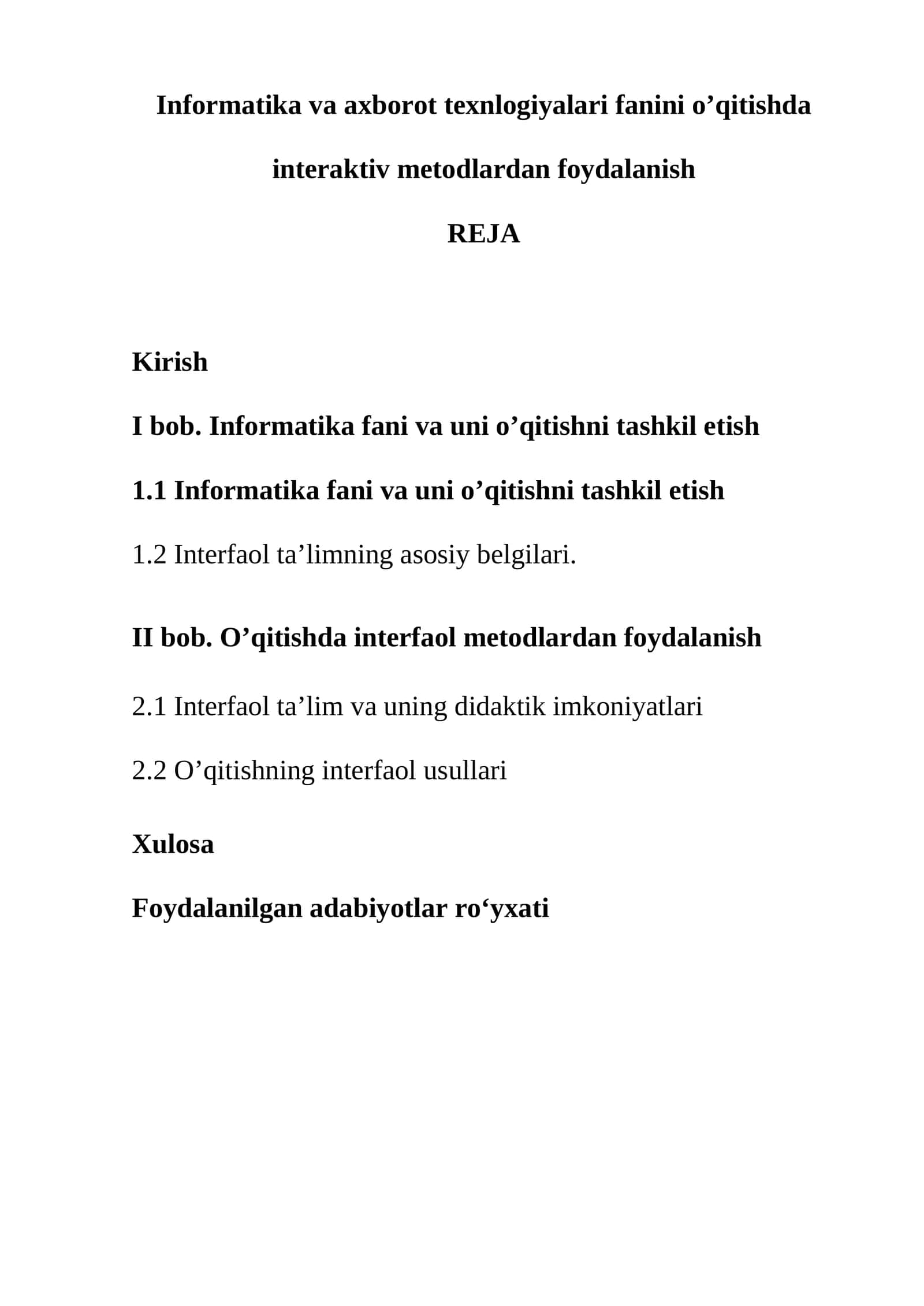 Informatika va axborot texnlogiyalari fanini o’qitishda interaktiv metodlardan foydalanish