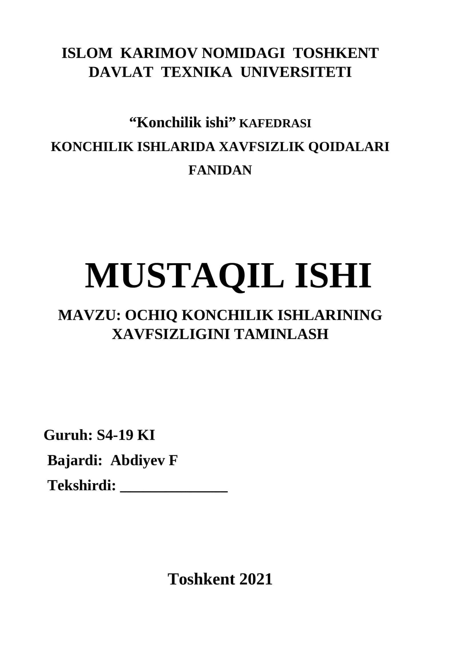 OCHIQ KONCHILIK ISHLARINING XAVFSIZLIGINI TAMINLASH
