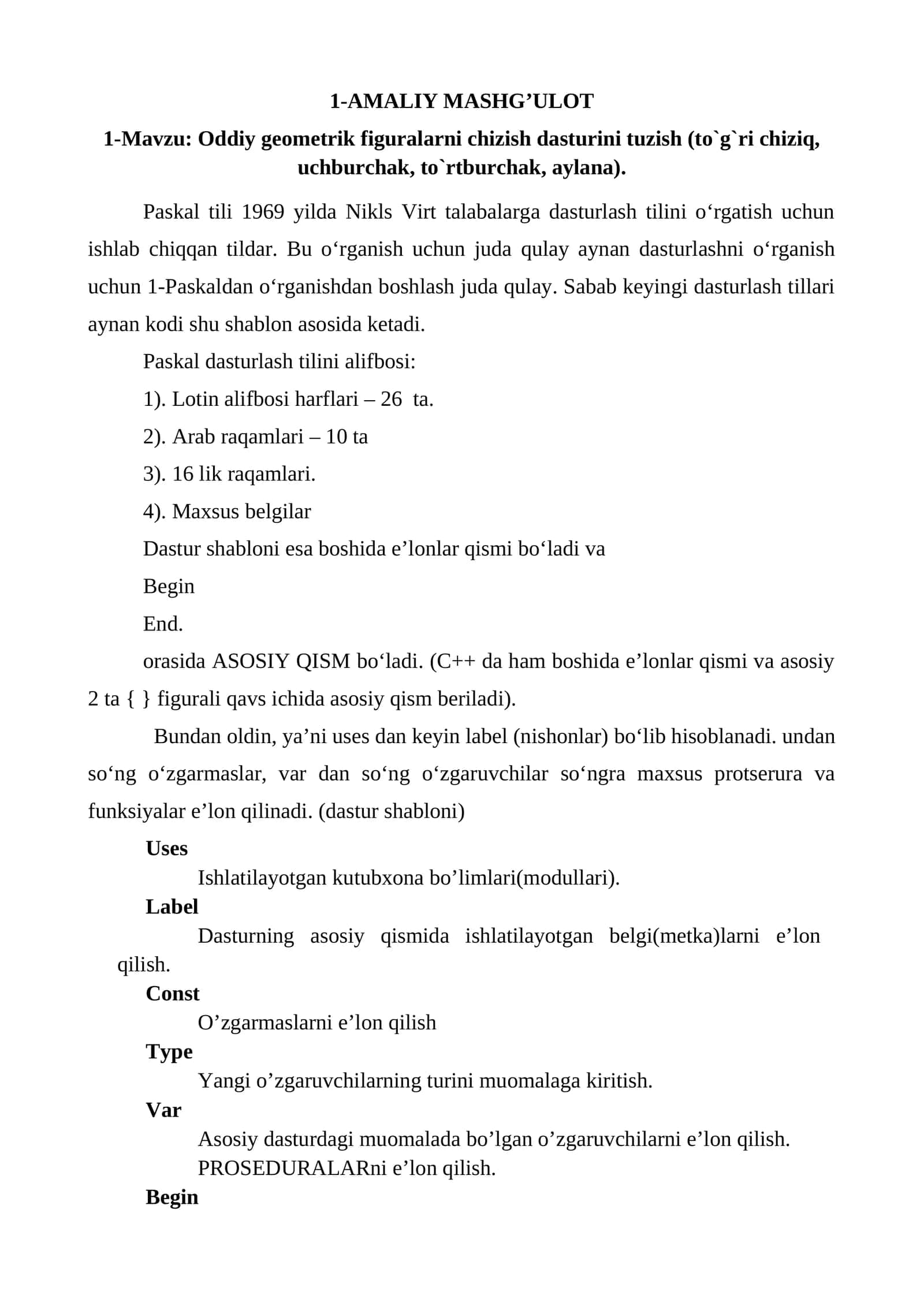 Oddiy geometrik figuralarni chizish dasturi