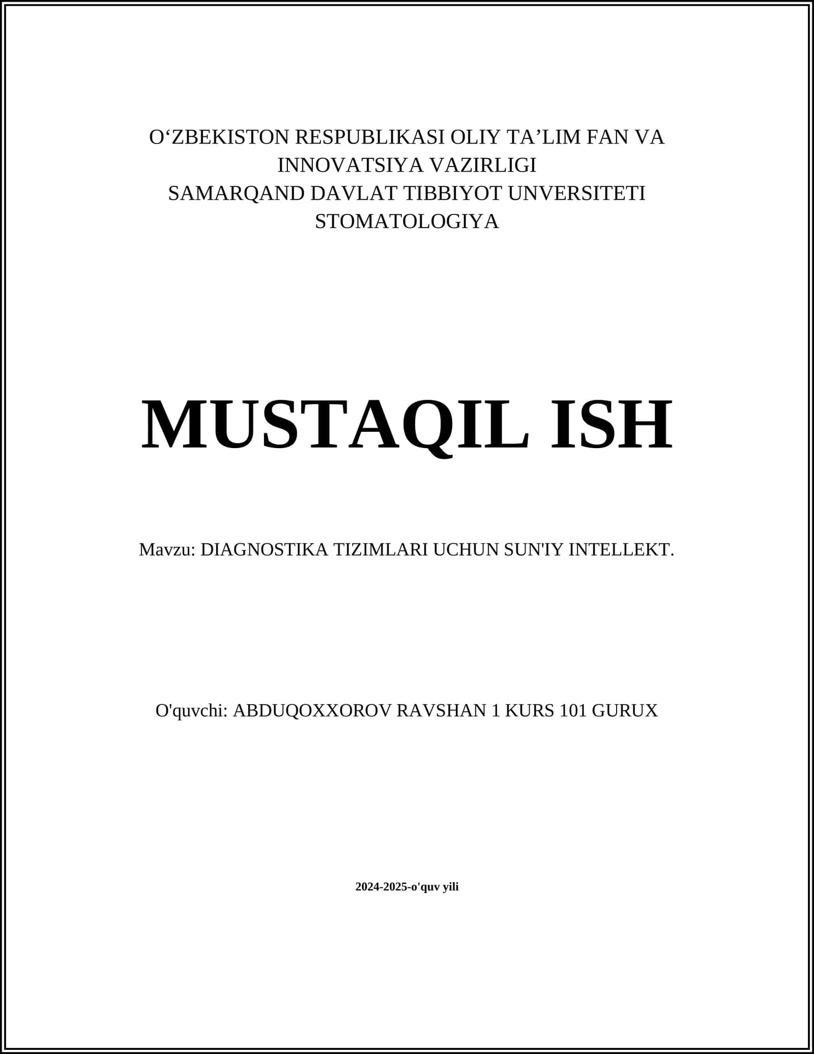 DIAGNOSTIKA TIZIMLARI UCHUN SUN'IY INTELLEKT