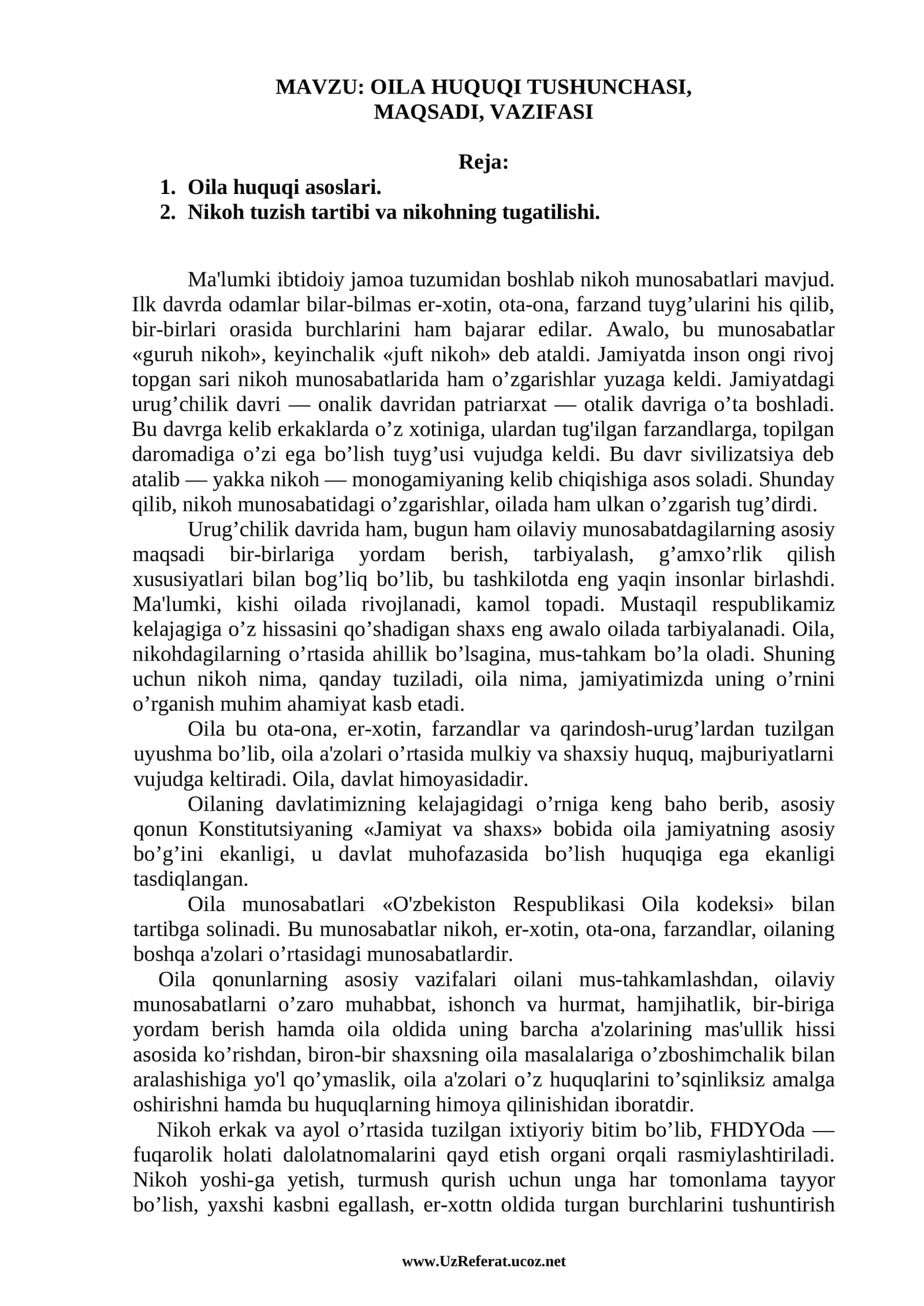 Oila huquqi tushunchasi, maqsadi, vazifasi