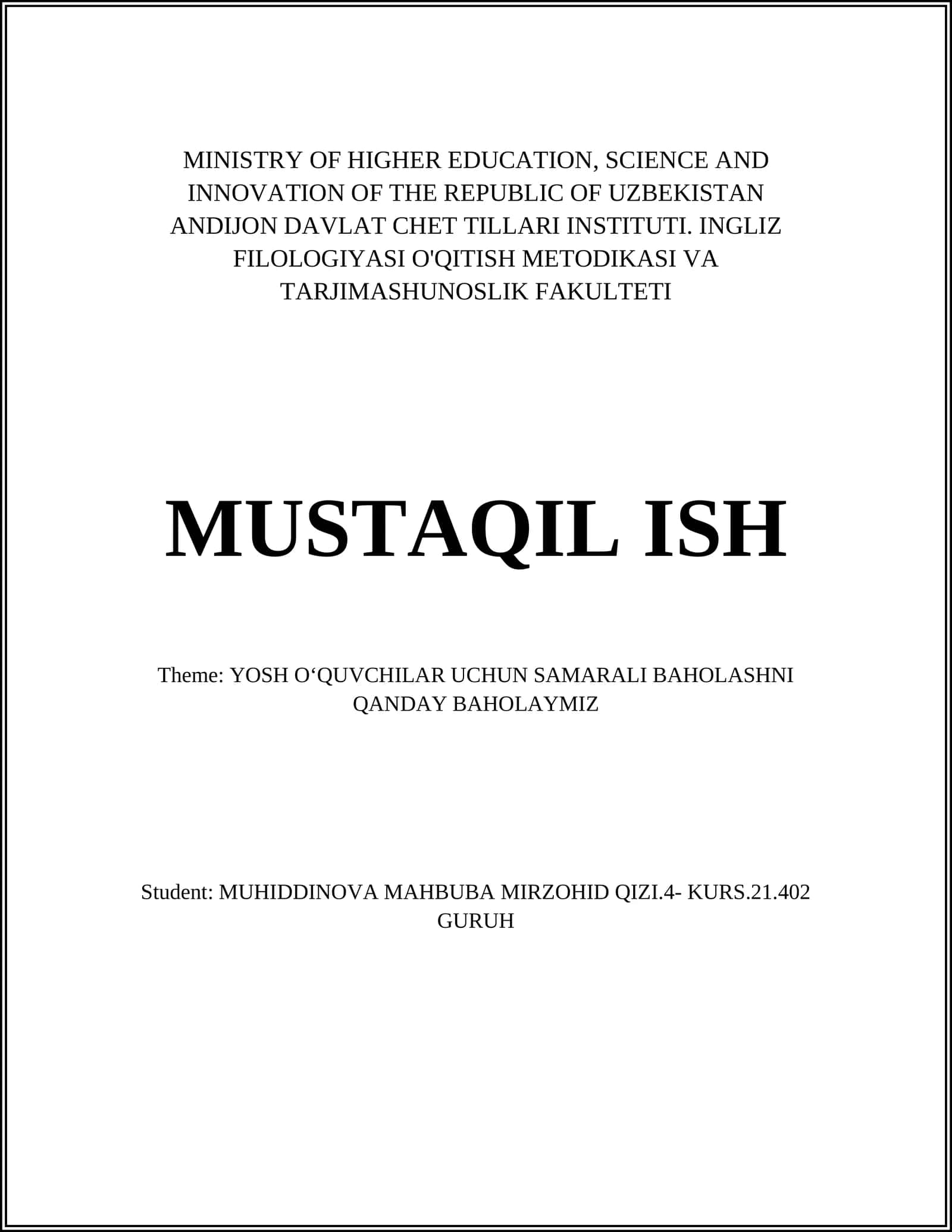 INGLIZ FILOLOGIYASI O'QITISH METODIKASI VA TARJIMASHUNOSLIK FAKULTETI