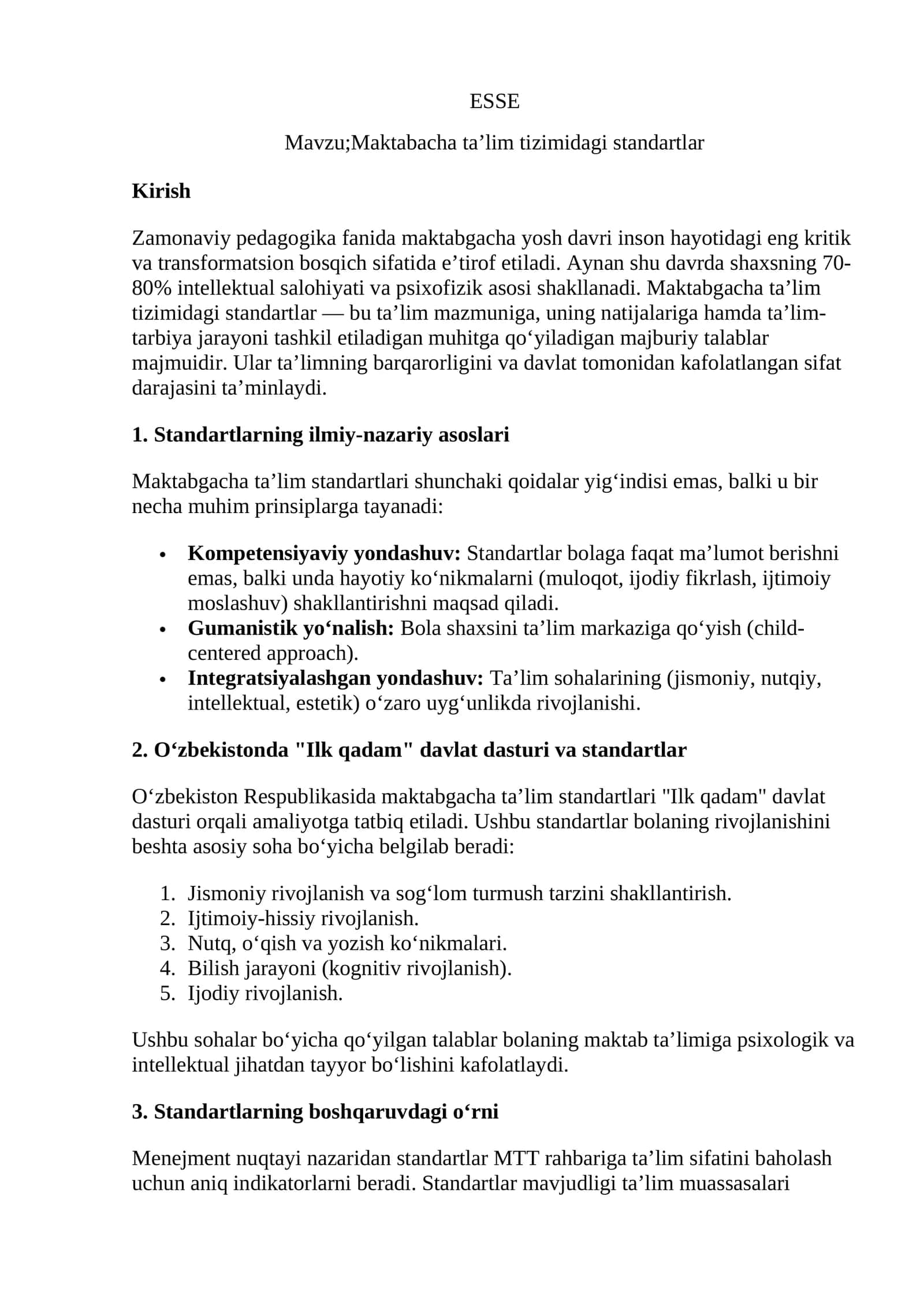 Maktabacha ta’lim tizimidagi standartlar