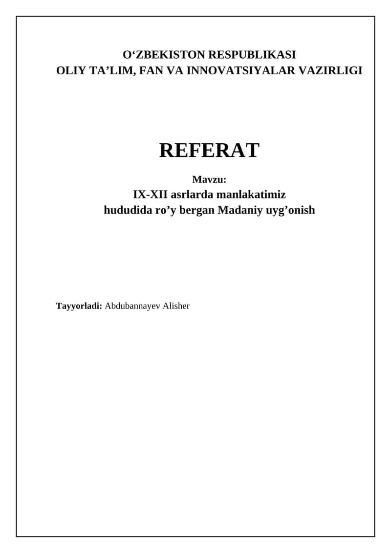 IX-XII asrlarda manlakatimiz hududida ro’y bergan Madaniy uyg’onish