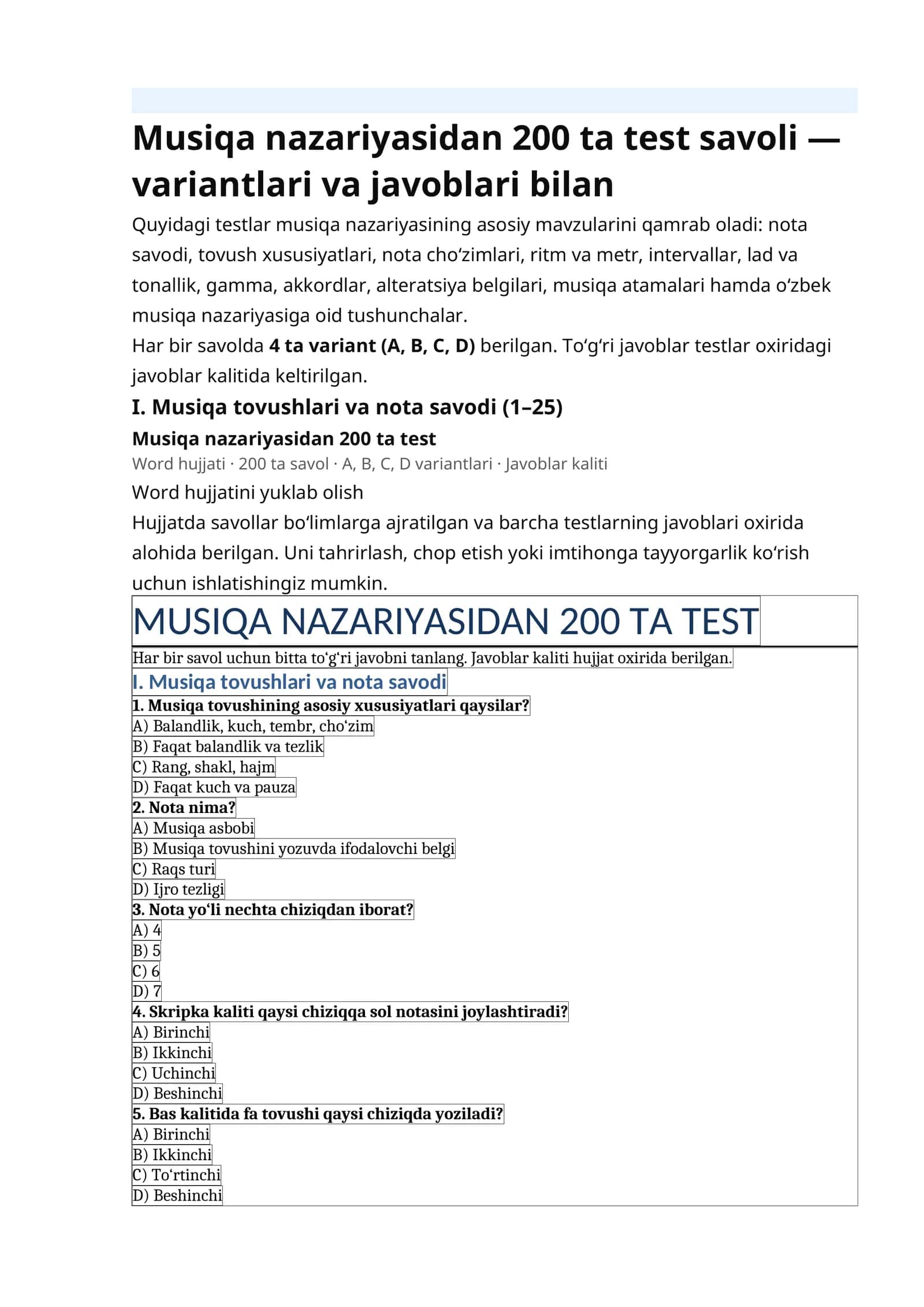 Musiqa nazariyasidan 200 ta test savoli — variantlari va javoblari bilan