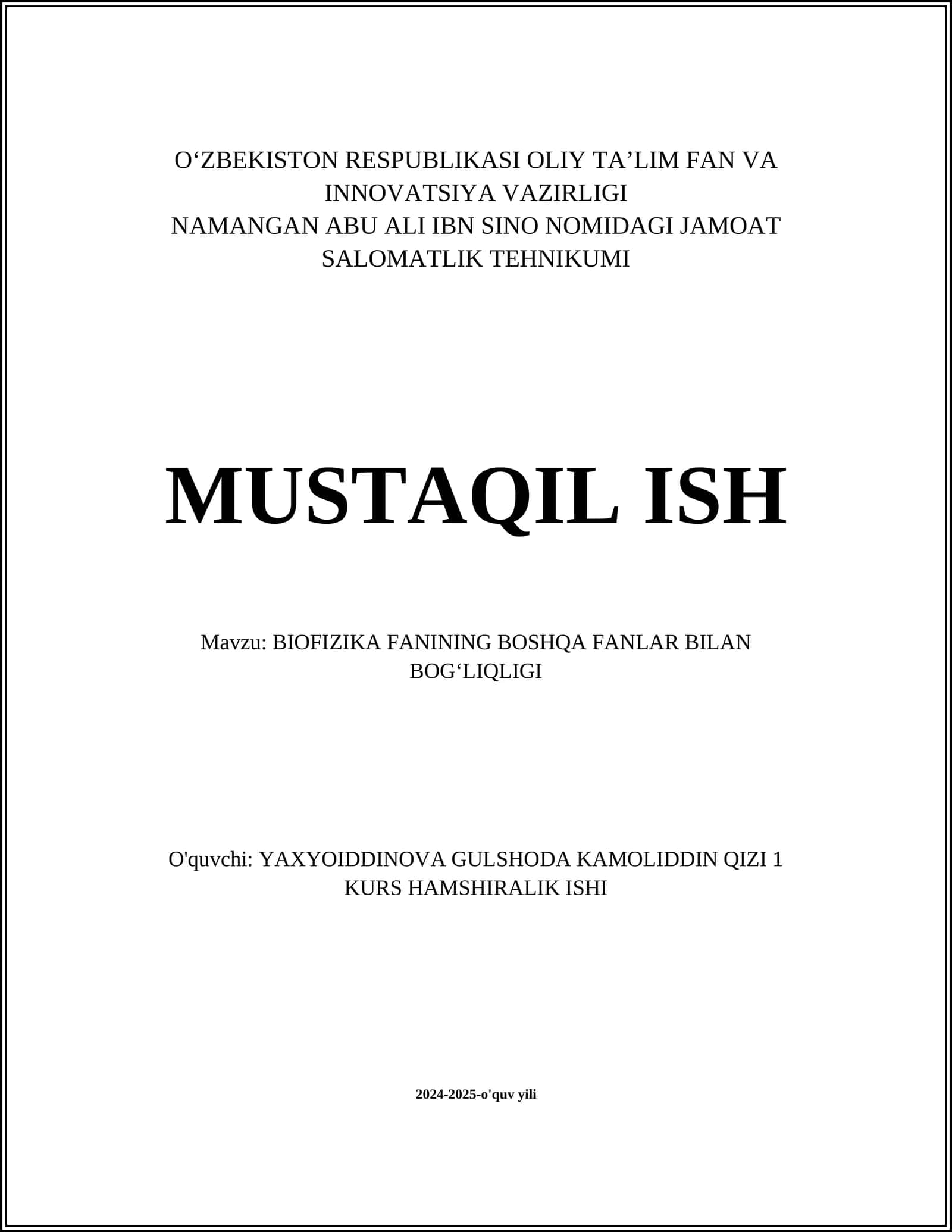 BIOFIZIKA FANINING BOSHQA FANLAR BILAN BOGʻLIQLIGI