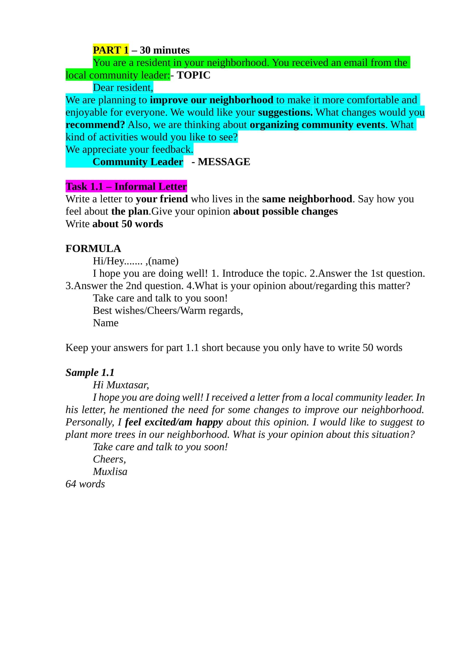 WRITING PART 1.1 1.2 2 FORMULALAR VA NAMUNA ESSEY LETTERS