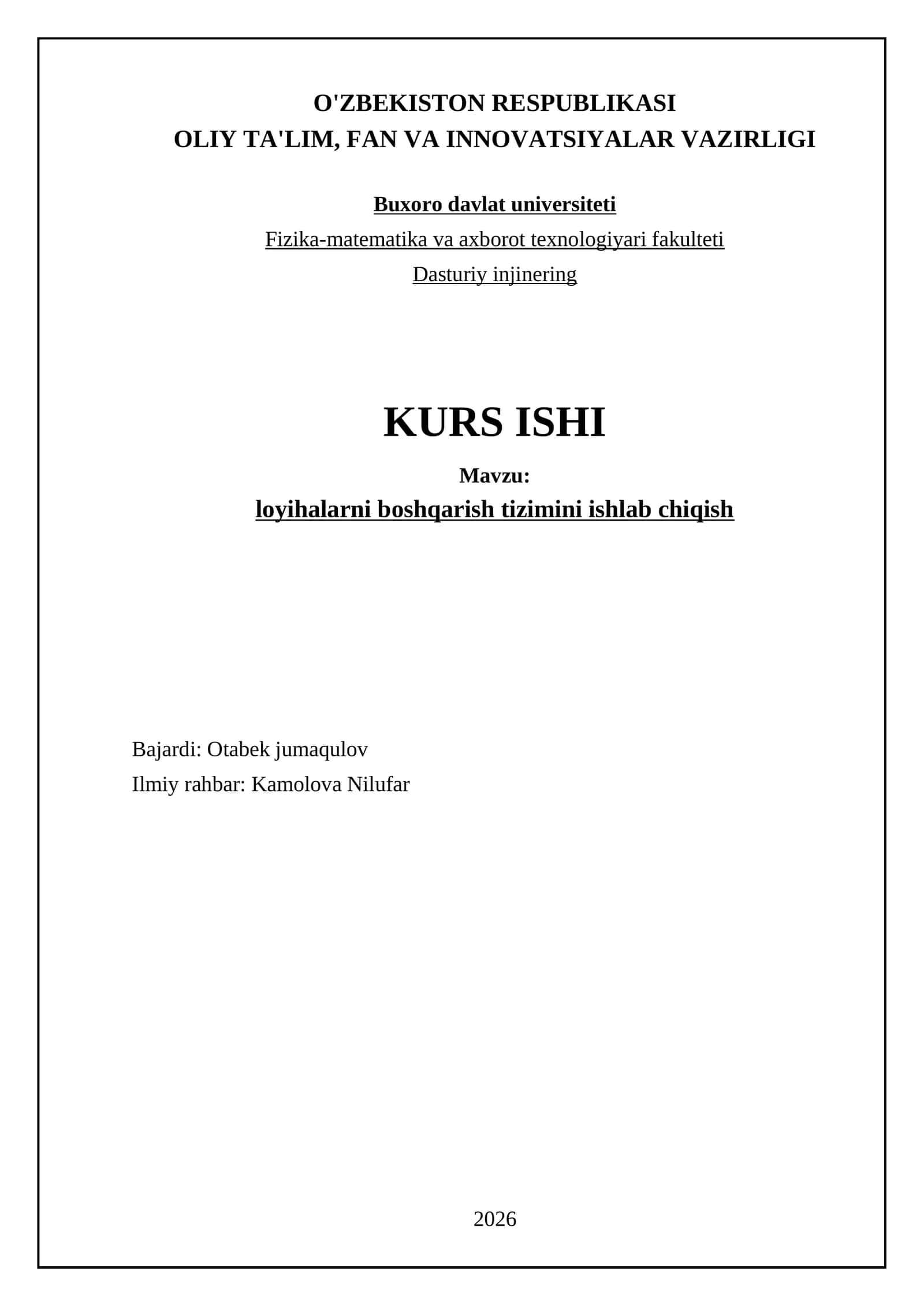 loyihalarni boshqarish tizimini ishlab chiqish