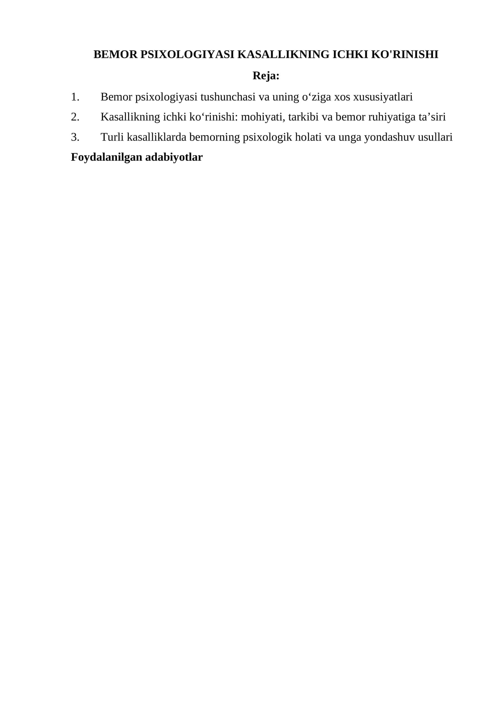 BEMOR PSIXOLOGIYASI KASALLIKNING ICHKI KO'RINISHI