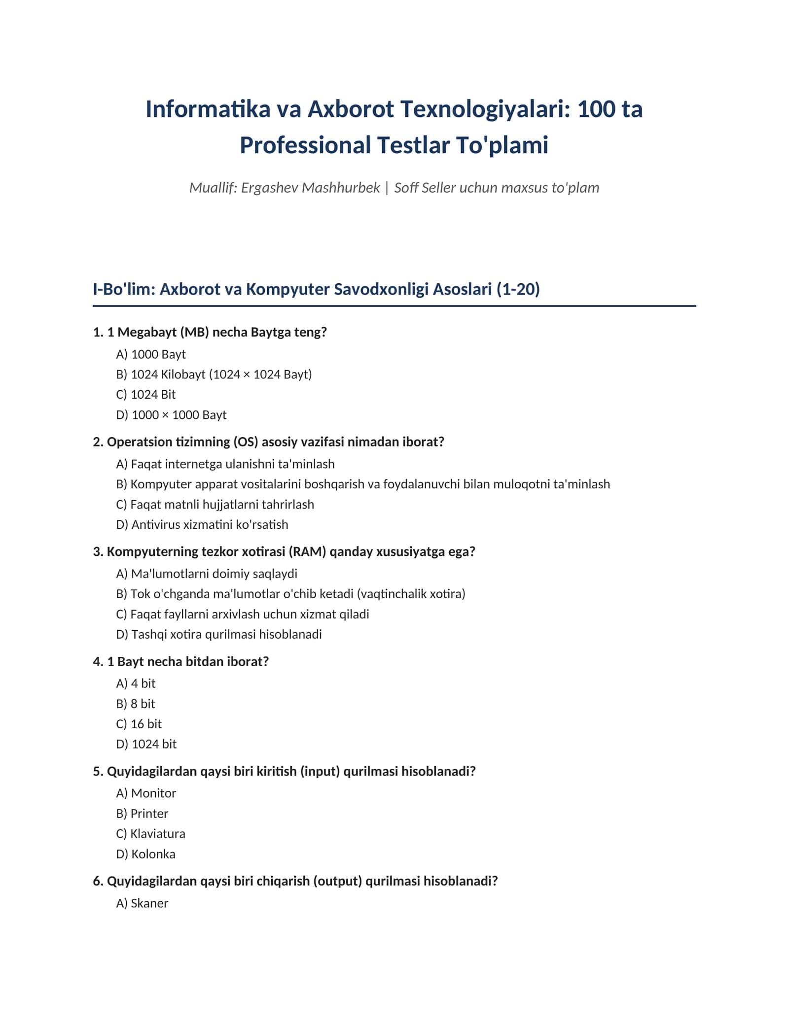 Informatika va Dasturlash Asoslari: Mantiq, Algoritm va AKT bo'yicha 100+ Professional Testlar To'plami (Javoblari bilan)