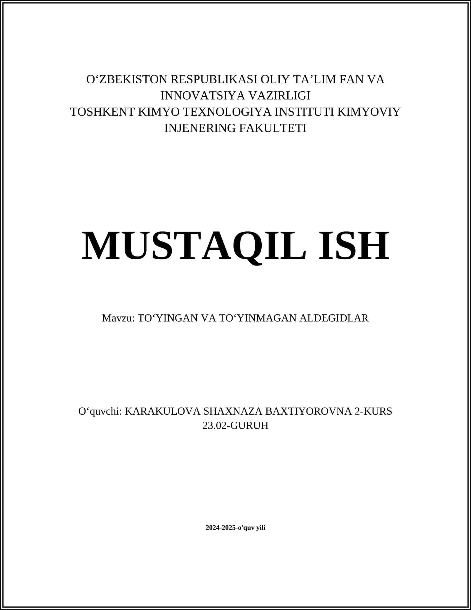 TOʻYINGAN VA TOʻYINMAGAN ALDEGIDLAR