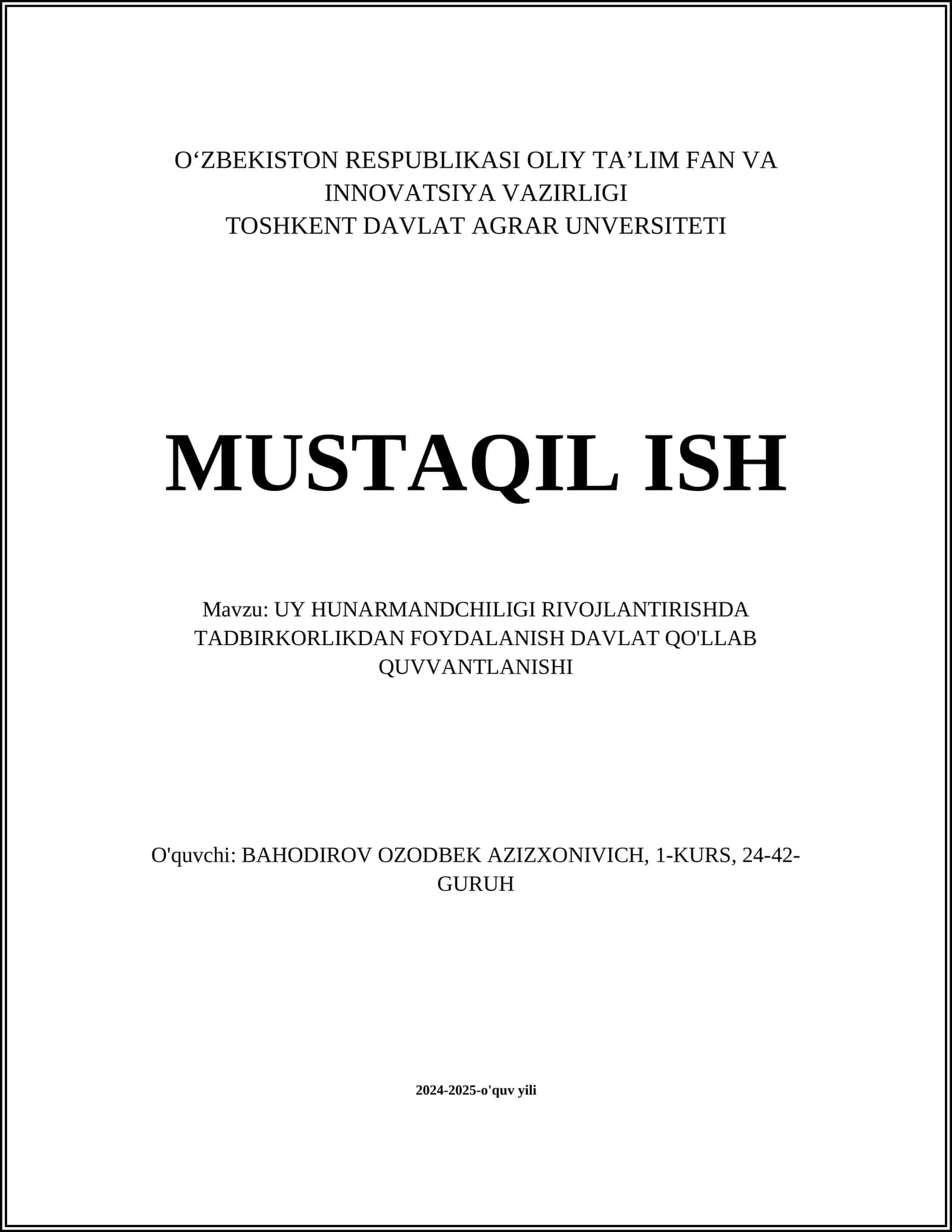 Uy Hunarmandchiligi Rivojlantirishda Tadbirkorlikdan Foydalanish Davlat Qo'llab Quvvatlanishi
