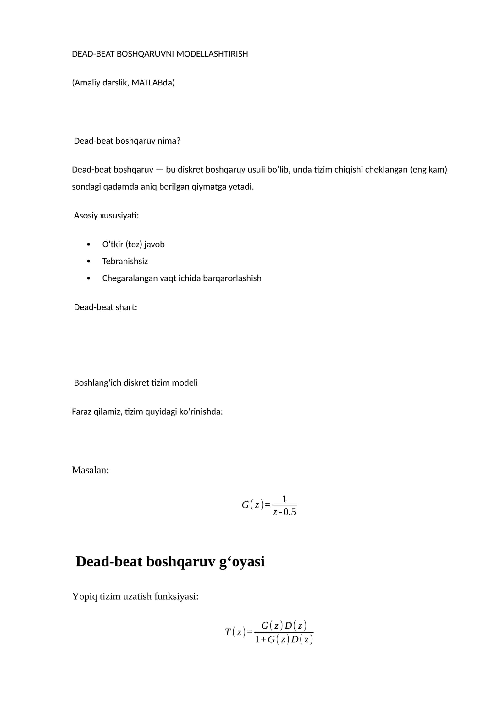 DEAD-BEAT BOSHQARUVNI MODELLASHTIRISH (Amaliy darslik, MATLABda)