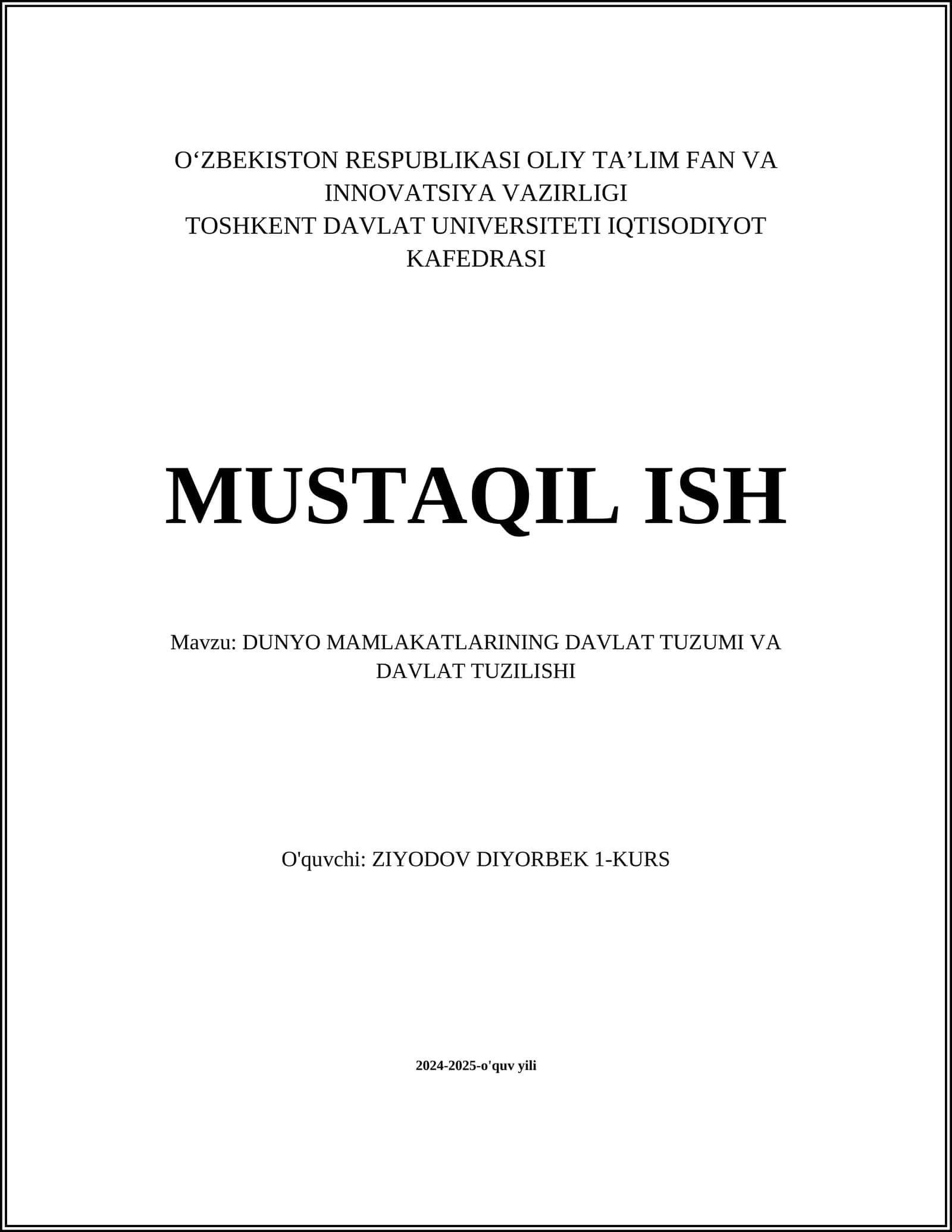 DUNYO MAMLAKATLARINING DAVLAT TUZUMI VA DAVLAT TUZILISHI